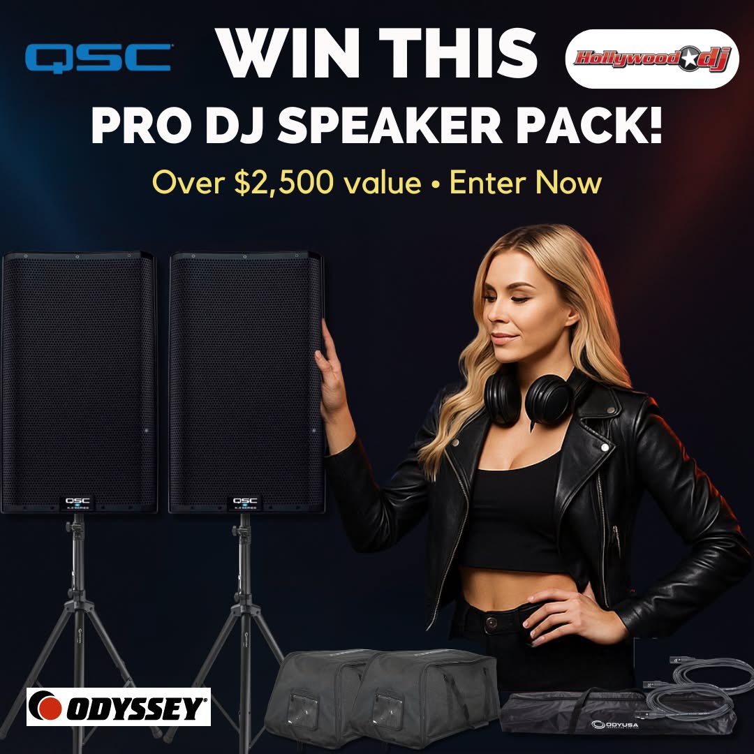 Promotional image for a QSC and Odyssey Pro DJ speaker pack giveaway with a woman holding headphones.