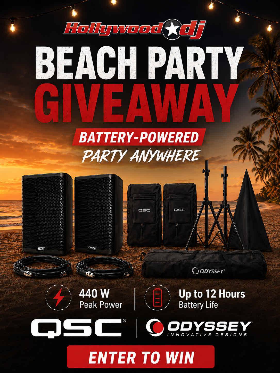Promotional giveaway graphic for a beach party DJ kit, showing QSC speakers, a signal processor, stands, and a cone on a beach sunset background. Large text reads 'BEACH PARTY GIVEAWAY' and 'BATTERY-POWERED PARTY ANYWHERE,' with QSC and Odyssey branding and an 'ENTER TO WIN' button.