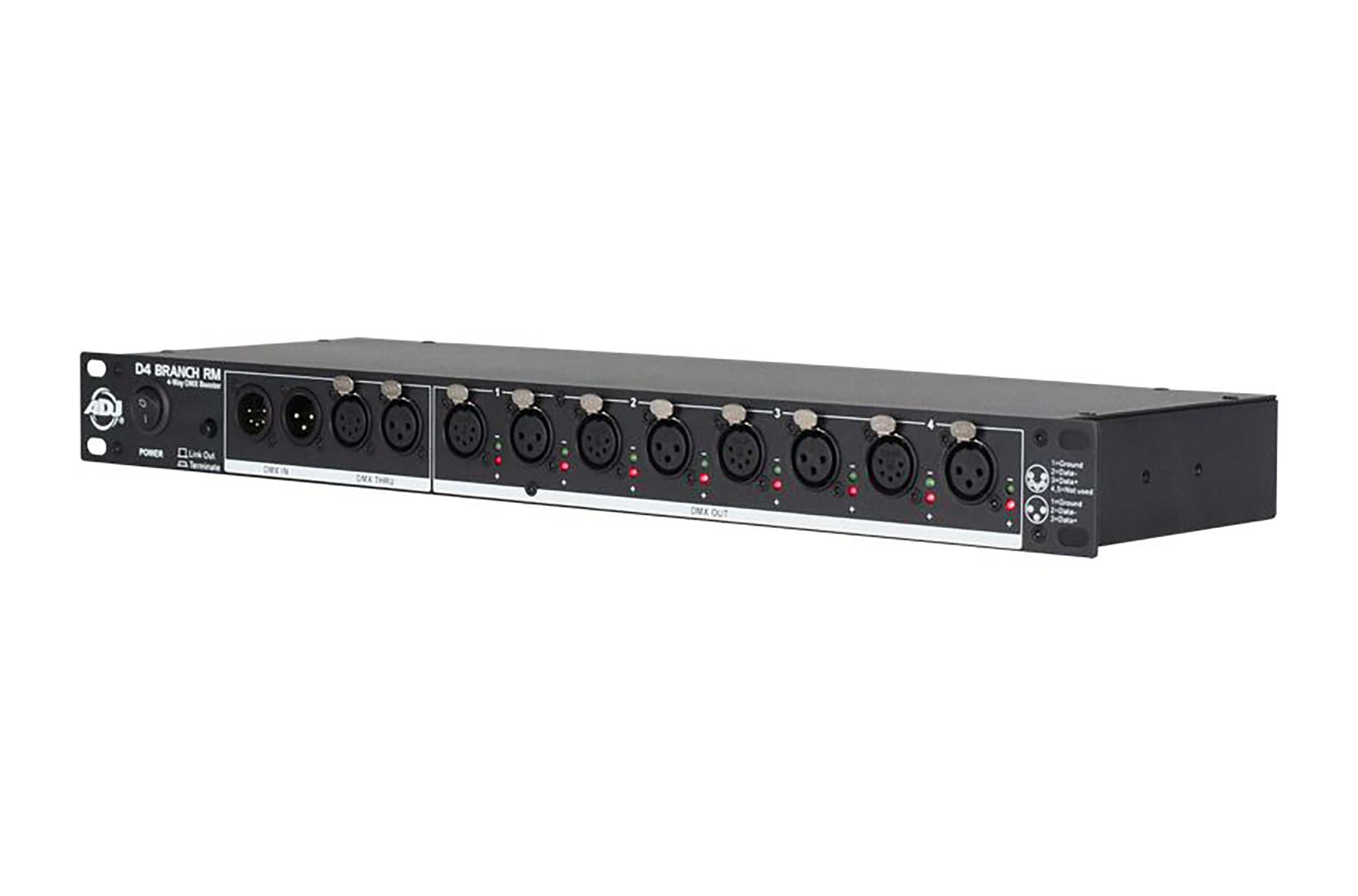 ADJ D4 Branch RM, 4-Way Distributor/Booster With 3-Pin And 5-Pin XLR Input and Output Jacks by ADJ