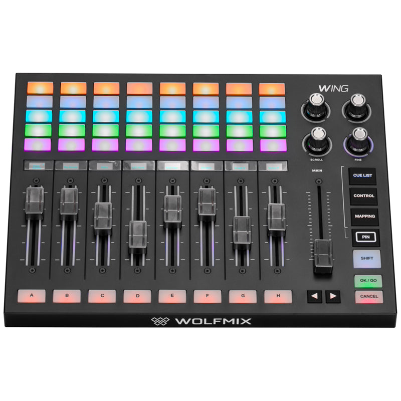 ADJ WMX WING top view: 8 x 5 RGB button matrix, 8 OLED strips, 8 motorized faders, main fader and mode buttons - Hollywood DJ
