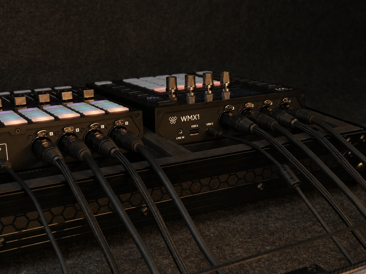 ADJ WMX1 and WMX WING rear panels with all eight DMX outputs cabled for an 8-universe setup - Hollywood DJ