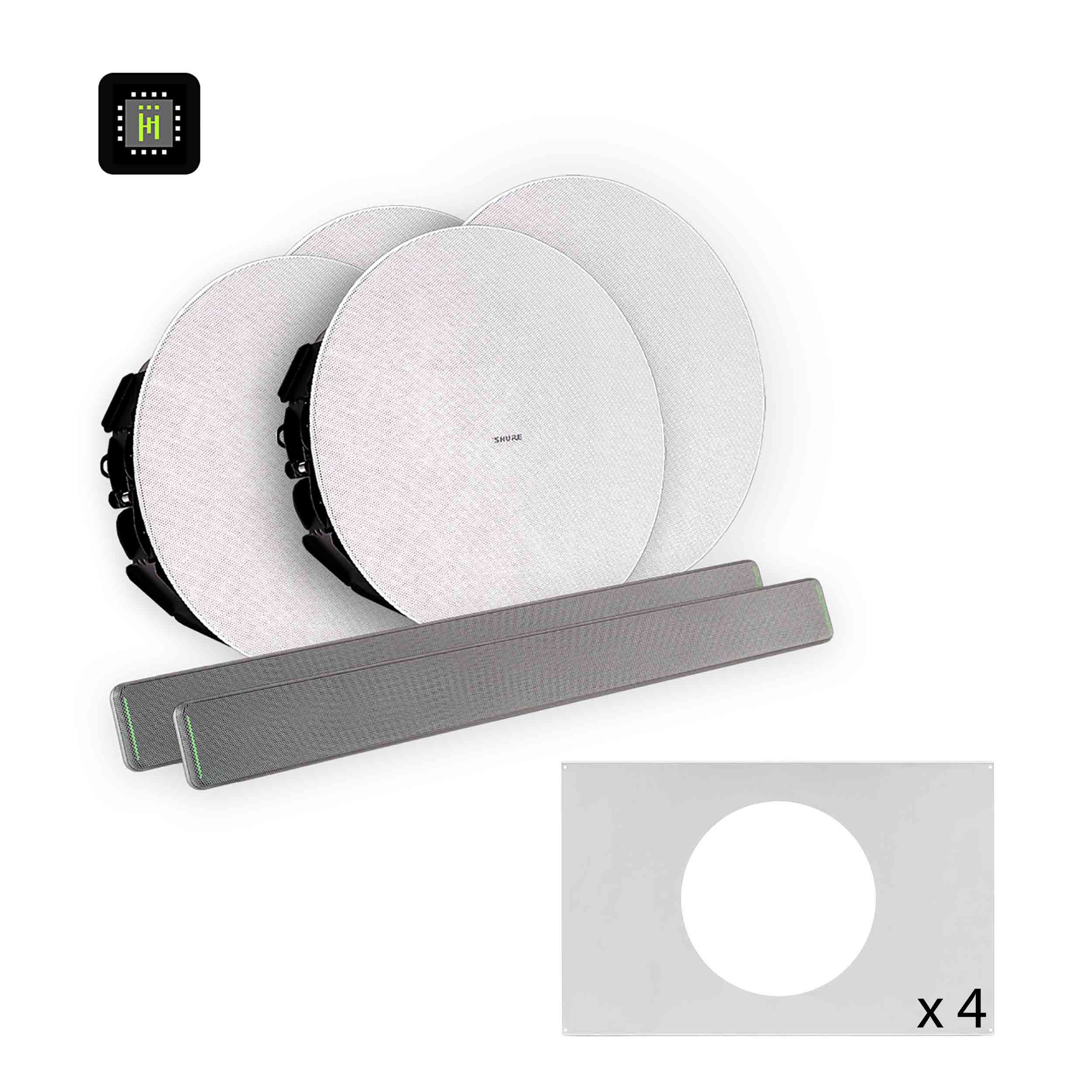 Shure 712L AL-V Ecosystem DJ Package Including 2 MXA710-2FT Linear Microphone, 1 IMX-RM8-SUB5, 4 MXN5W-C Ceiling Loudspeaker and 4 Tile Bridge by Shure