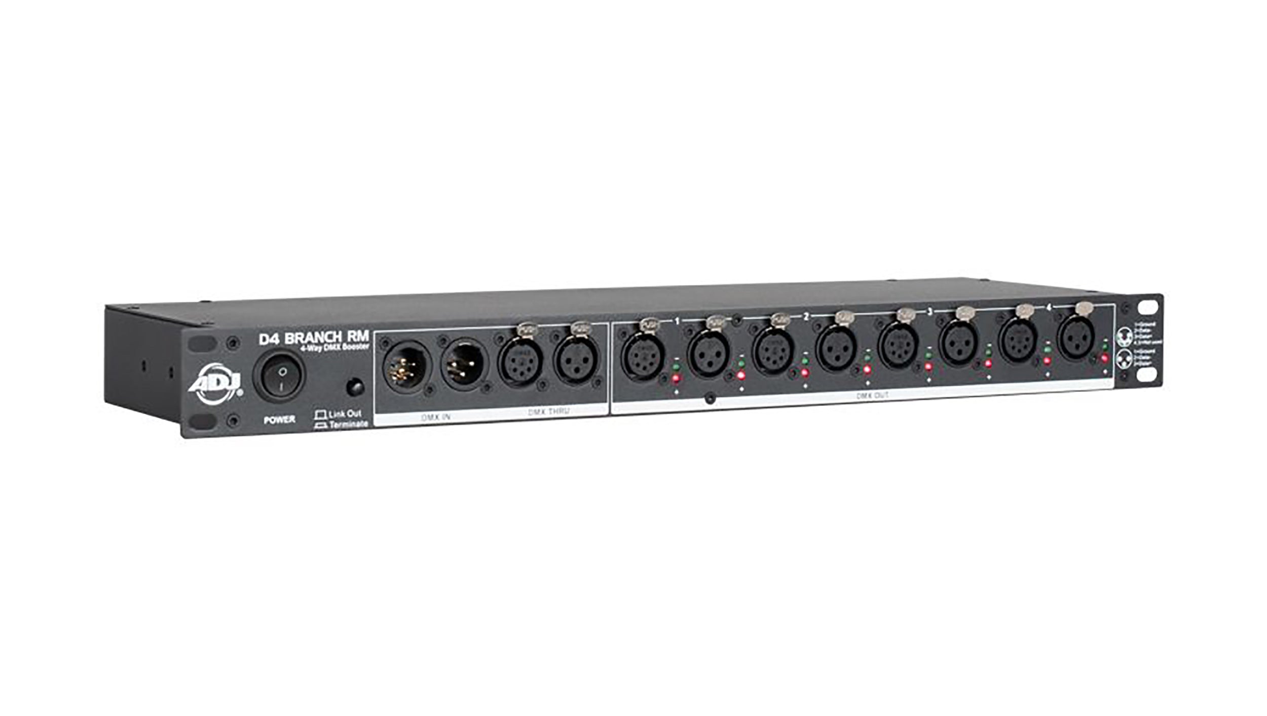 ADJ D4 Branch RM, 4-Way Distributor/Booster With 3-Pin And 5-Pin XLR Input and Output Jacks by ADJ
