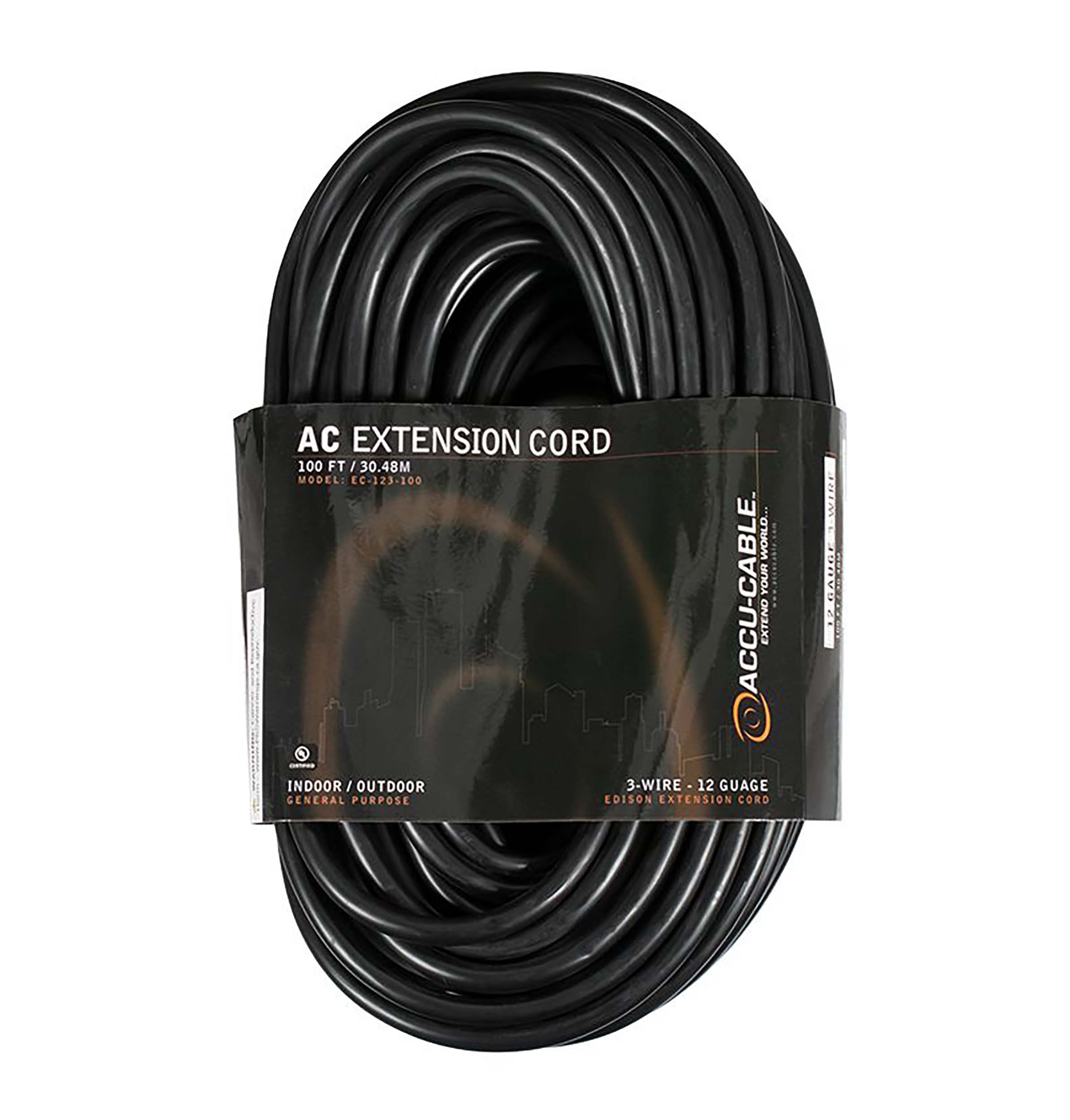 Accu-Cable EC123, 12 AWG 3-Wire Edison AC Extension Cord - 25 Ft, 50 Ft, 100 Ft by Accu Cable