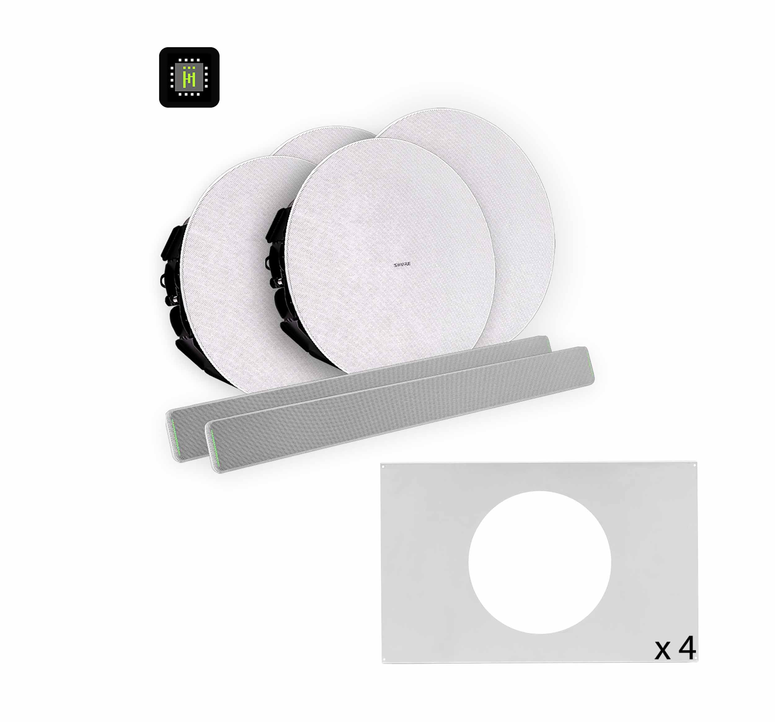 Shure 712L W-V Ecosystem DJ Package Including 2 MXA710-2FT Linear Microphone, 1 IMX-RM8-SUB5, 4 MXN5W-C Ceiling Loudspeaker and 4 Tile Bridge by Shure