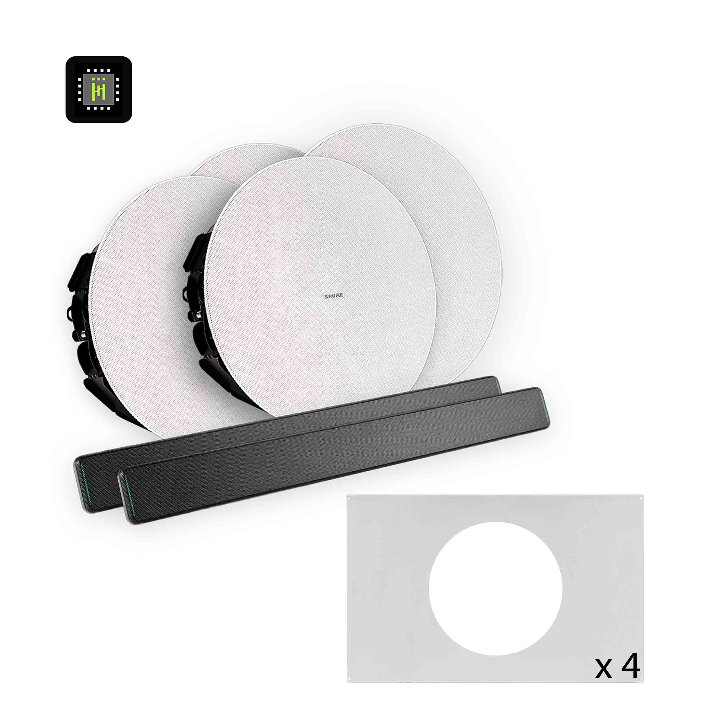 Shure 712L B-V Ecosystem DJ Package Including 2 MXA710-2FT Linear Microphone, 1 IMX-RM8-SUB5, 4 MXN5W-C Ceiling Loudspeaker and 4 Tile Bridge by Shure