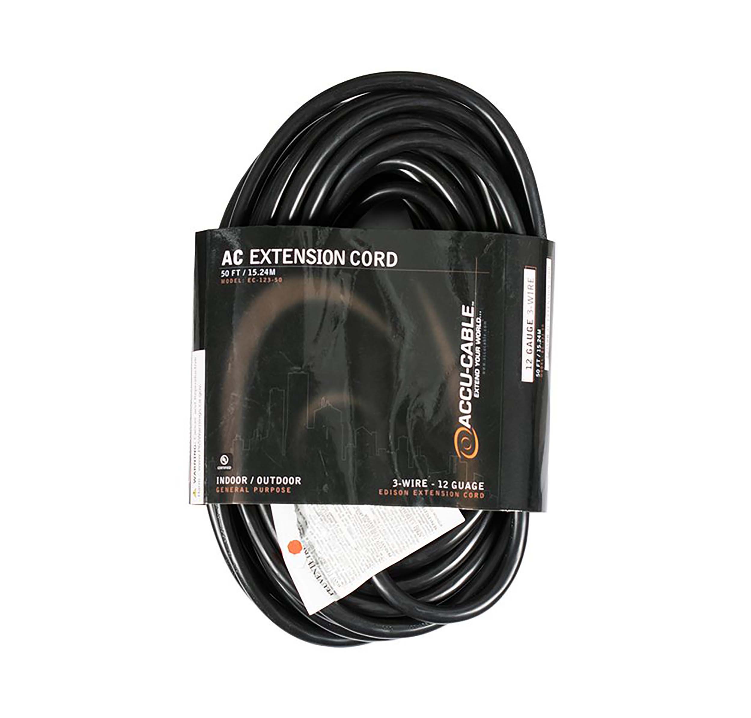 Accu-Cable EC123, 12 AWG 3-Wire Edison AC Extension Cord - 25 Ft, 50 Ft, 100 Ft by Accu Cable