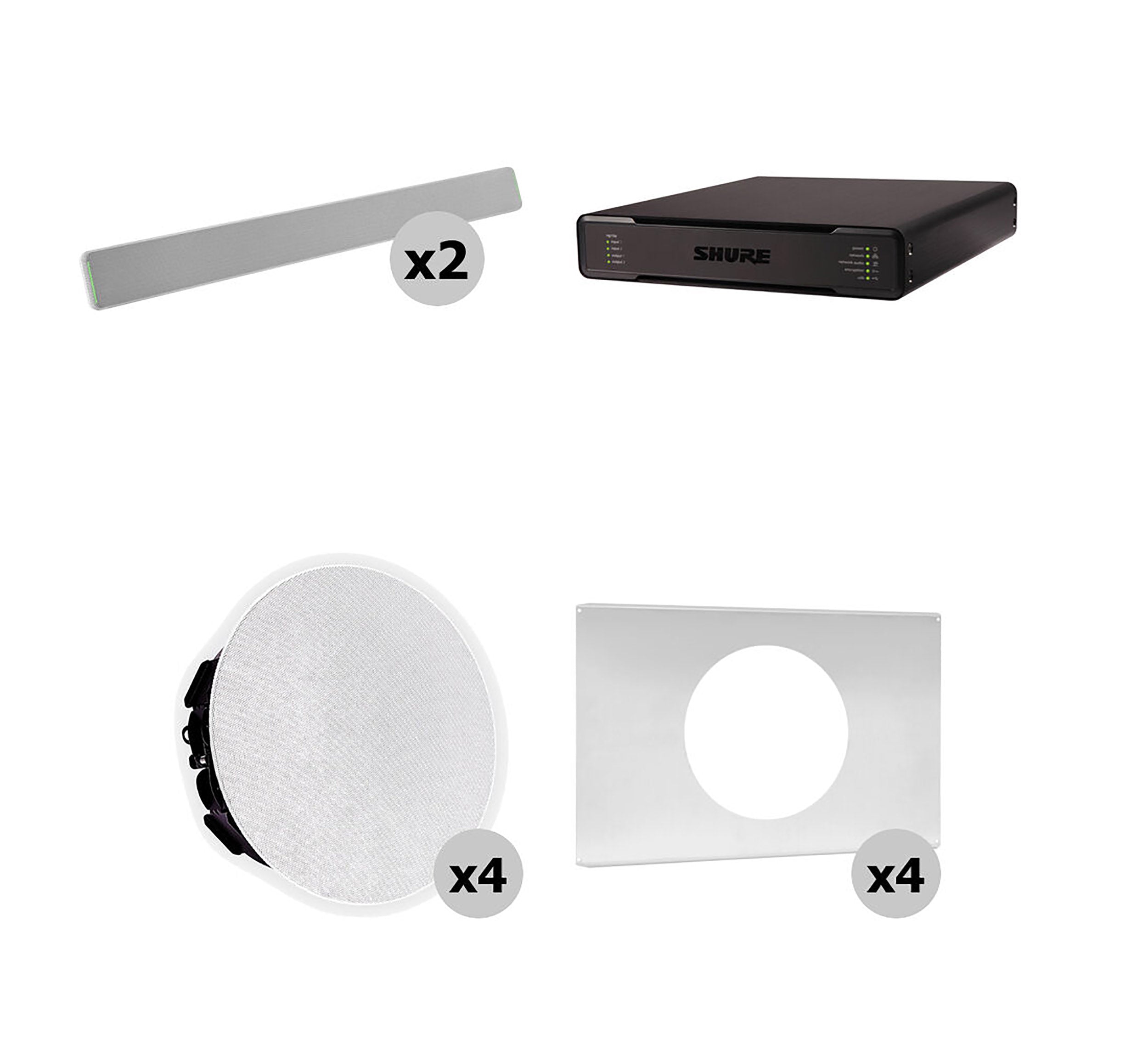 Shure 712X W-V Ecosystem DJ Package Including 2 MXA710-2FT Linear Microphone, 1 P300-IMX Audio Processor, 4 MXN5W-C Ceiling Loudspeaker + 4 Tile Bridge by Shure