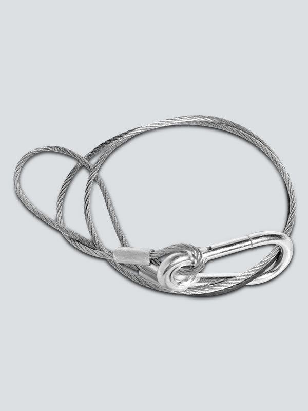 Chauvet DJ CH-05 safety cable, manufacturer photo of the coiled 31-inch steel cable and snap-hook carabiner - Hollywood DJ