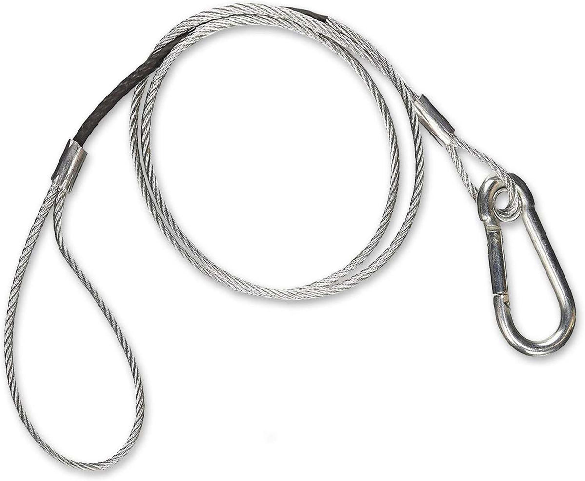 Chauvet DJ CH-05 safety cable close-up, loop end with aluminum ferrule and black sleeve, snap-hook carabiner end - Hollywood DJ