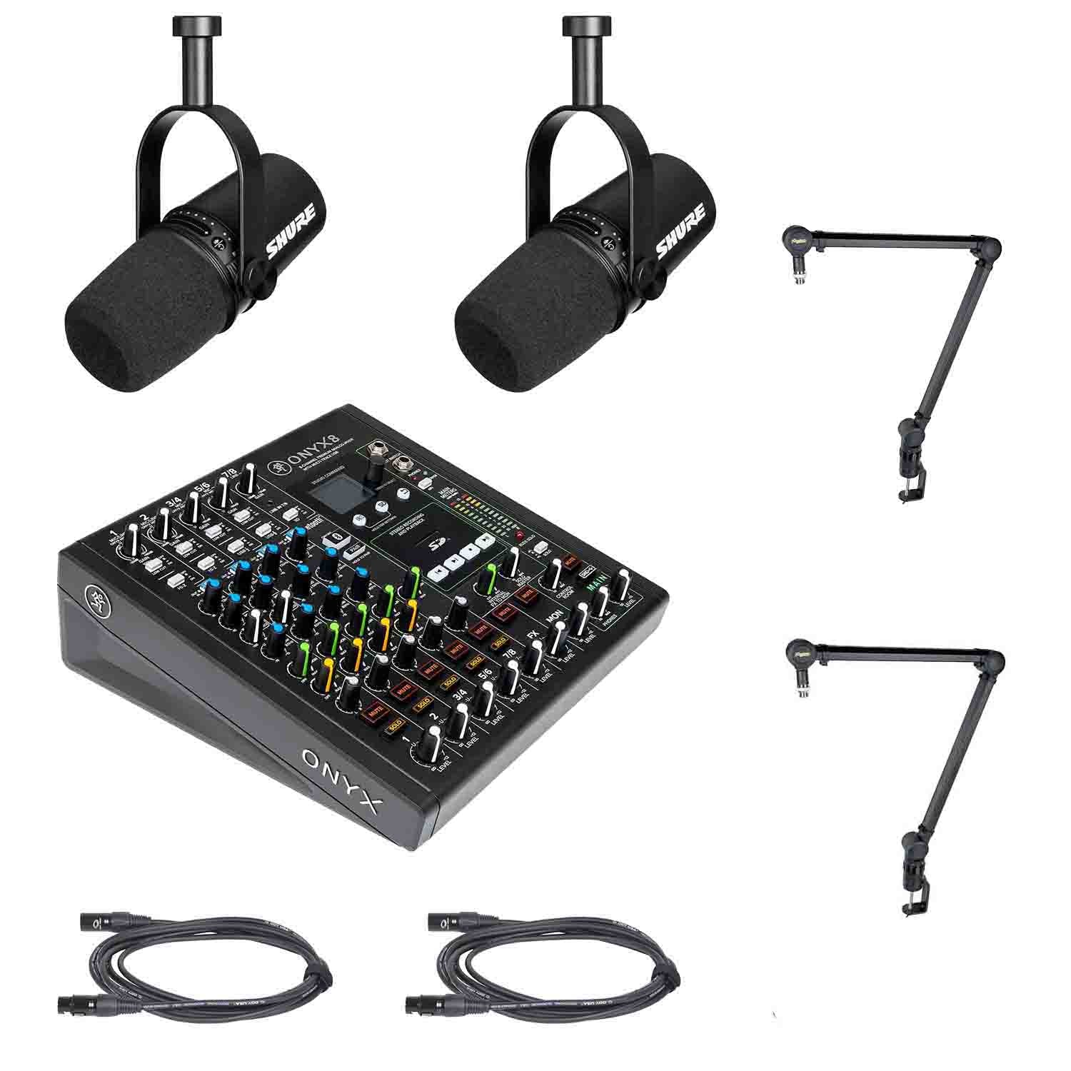 Shure Podcast Dual MV7-K Pro DJ Package with Mackie Onyx8 USB Recording Mixer and Sierra Desktop Boom Stand by Shure