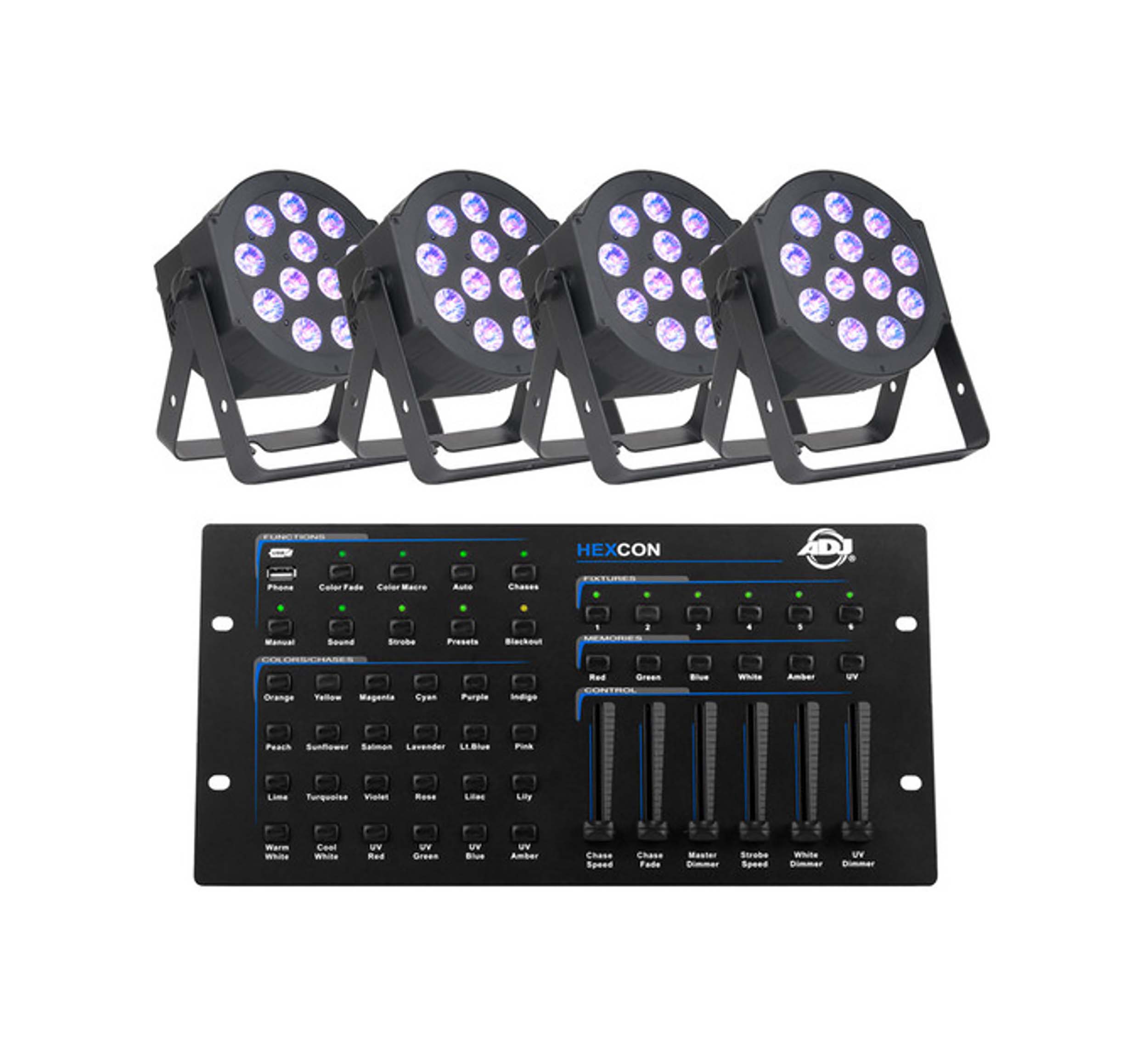 ADJ HEX PX PAR HEXCON PAK, Four (4) 12PX HEX LED Par Fixtures and HEXCON Controller - Black by ADJ
