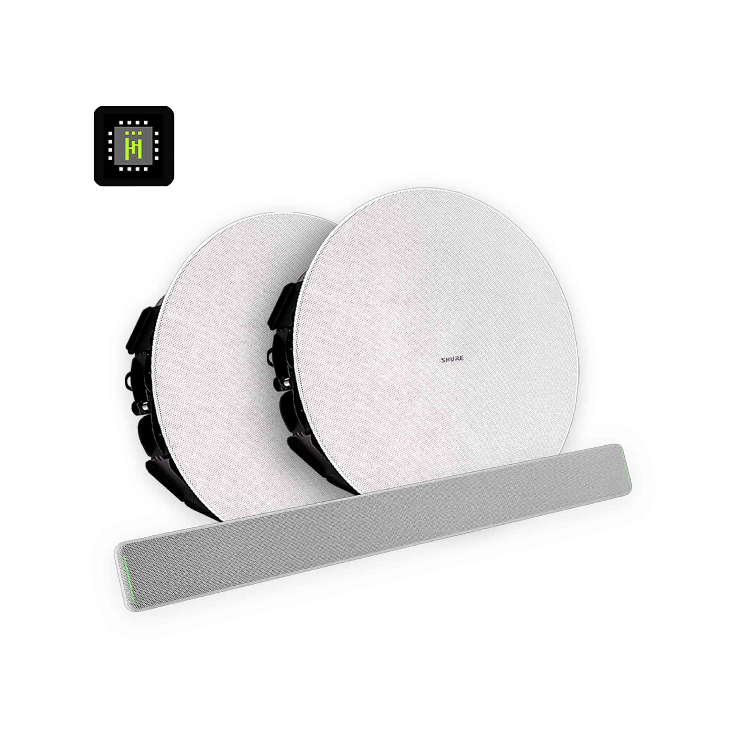 Shure 712M W-V Ecosystem DJ Package Including 1 MXA710-2FT Linear Microphone, 1 IMX-RM8-SUB5, 2 MXN5W-C Ceiling Loudspeaker + 2 Tile Bridge by Shure