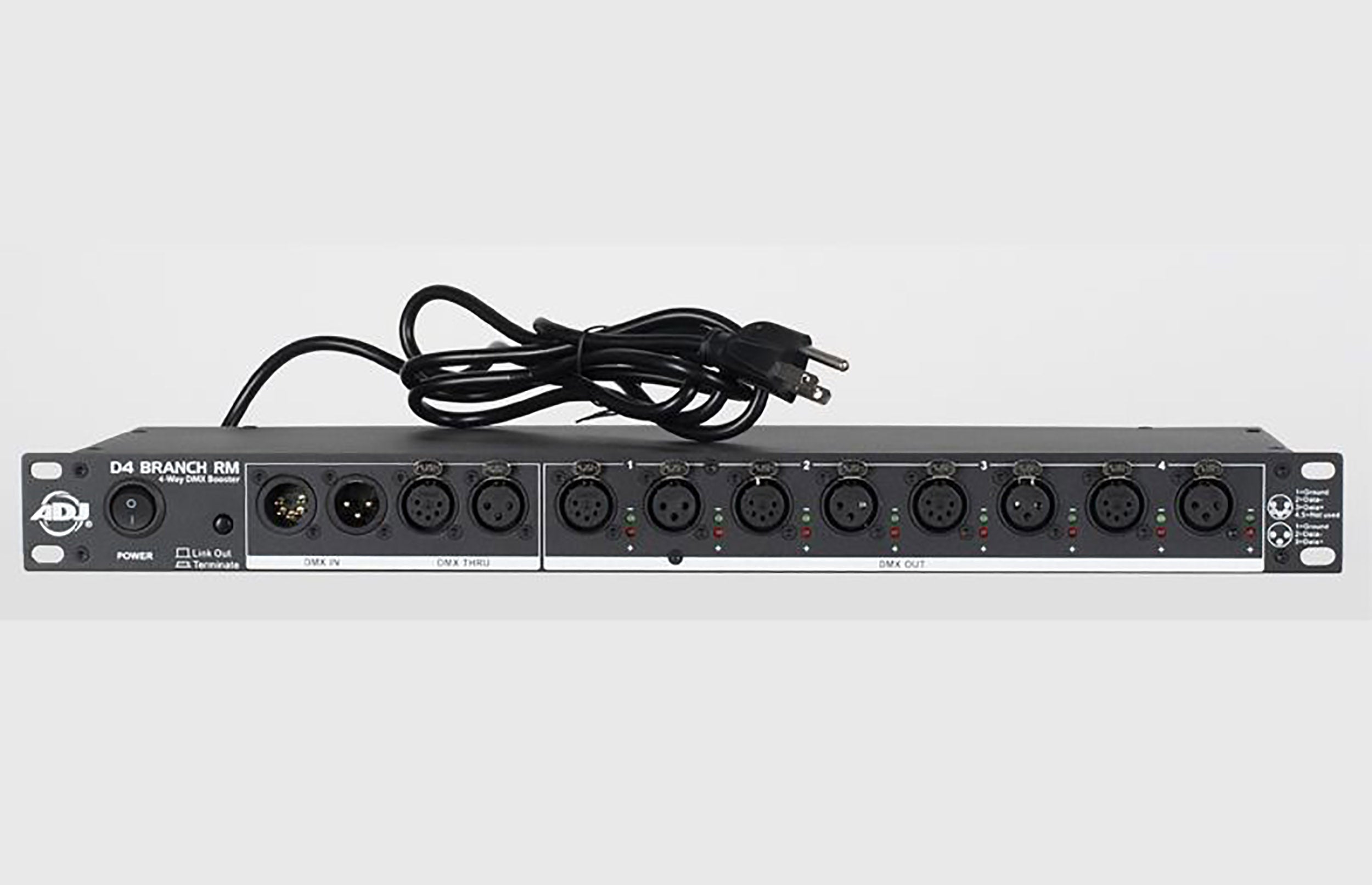 ADJ D4 Branch RM, 4-Way Distributor/Booster With 3-Pin And 5-Pin XLR Input and Output Jacks by ADJ
