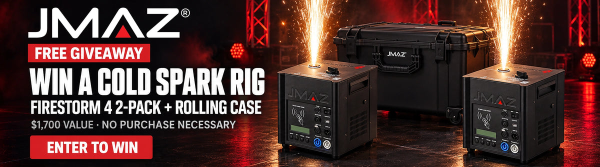 JMAZ Firestorm 4 2-Pack cold spark giveaway: win two Firestorm 4 machines and a rolling case, a $1,700 value. Free to enter, no purchase necessary.