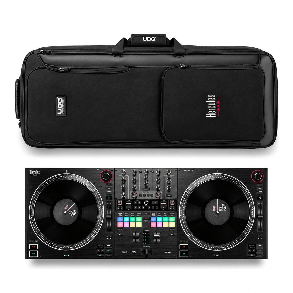 Hercules DJControl T10 Gig Pack: DJControl T10 controller and the included UDG-Hercules backpack, top-down view - Hollywood DJ