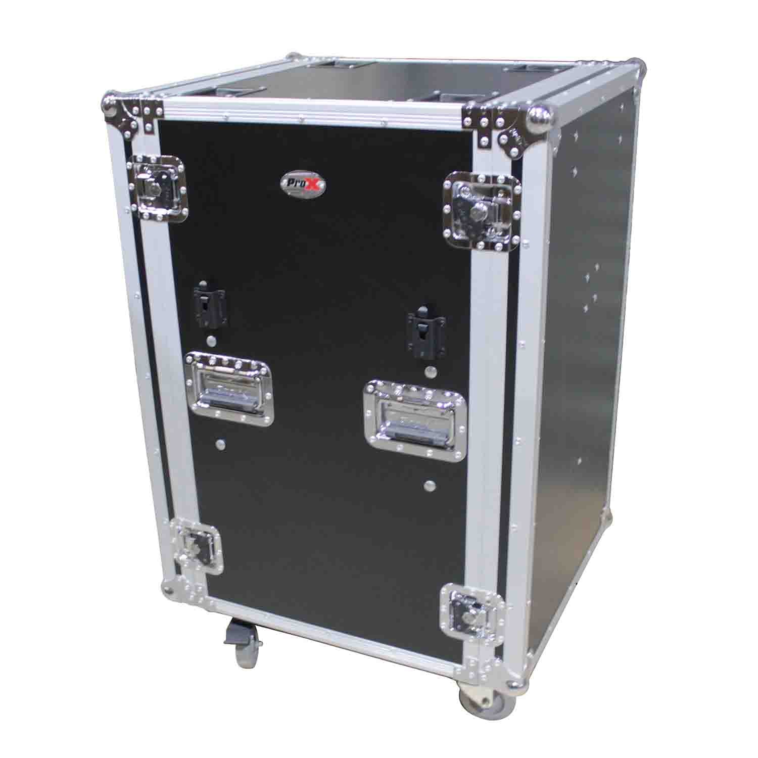 Prox T-16RSP24DST 16U Vertical Shockproof Amp/Rack Case with Dual Side Tables and 4 Casters - 24" Rail to Rail - Hollywood DJ