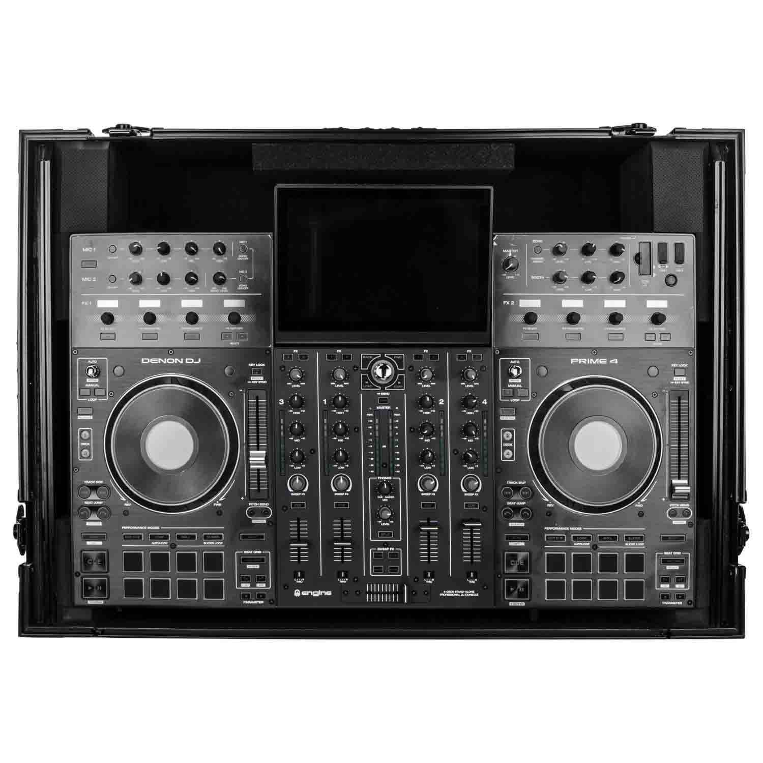 Odyssey FZGSPRIME4W2BL Denon Prime 4 Black Flight Case with Patented Glide Laptop Platform and 2U Rack Space - Hollywood DJ