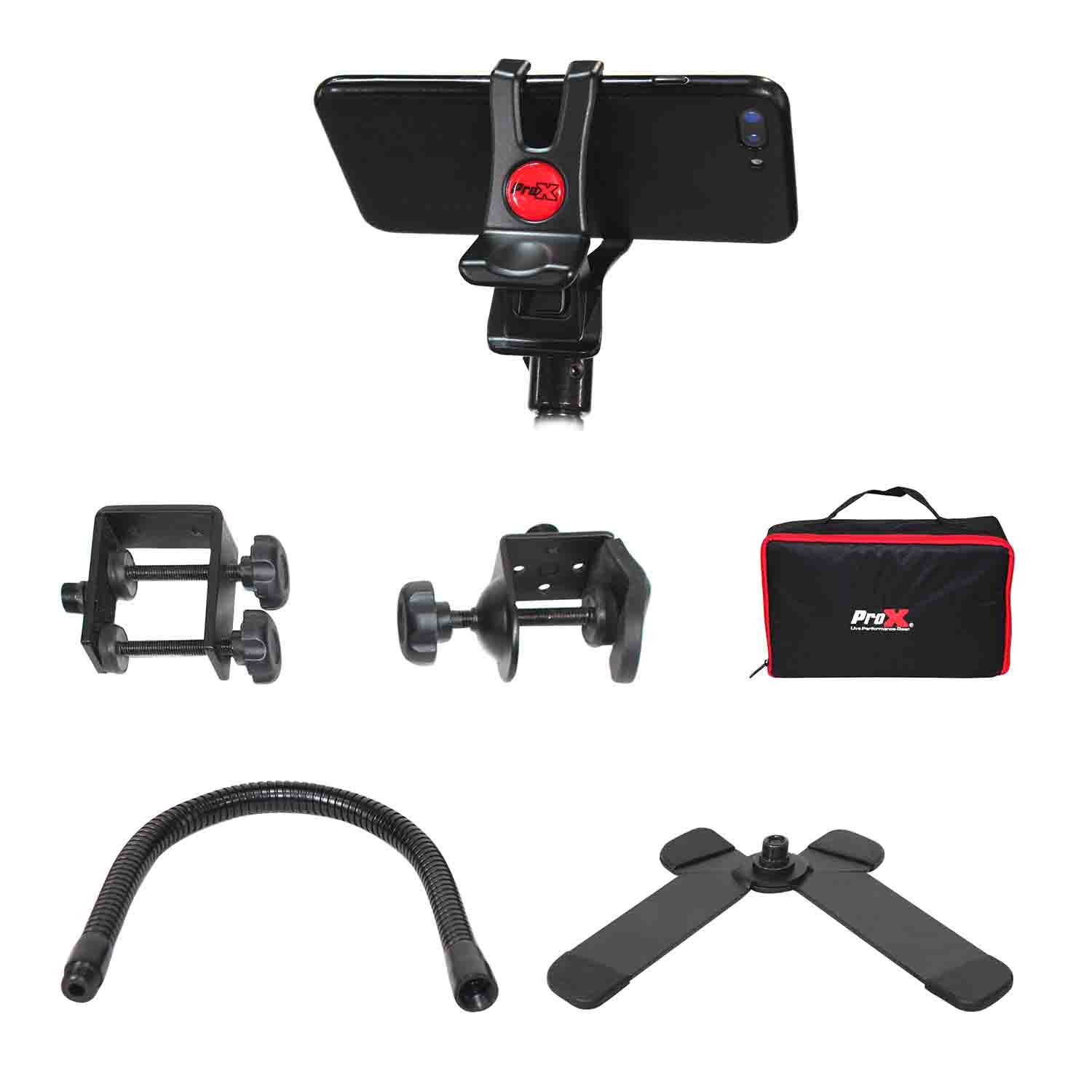 ProX X-MOBICP18 Cellphone Holder Selfie Stick with Table Stand Tripod Clamp and Case - Hollywood DJ