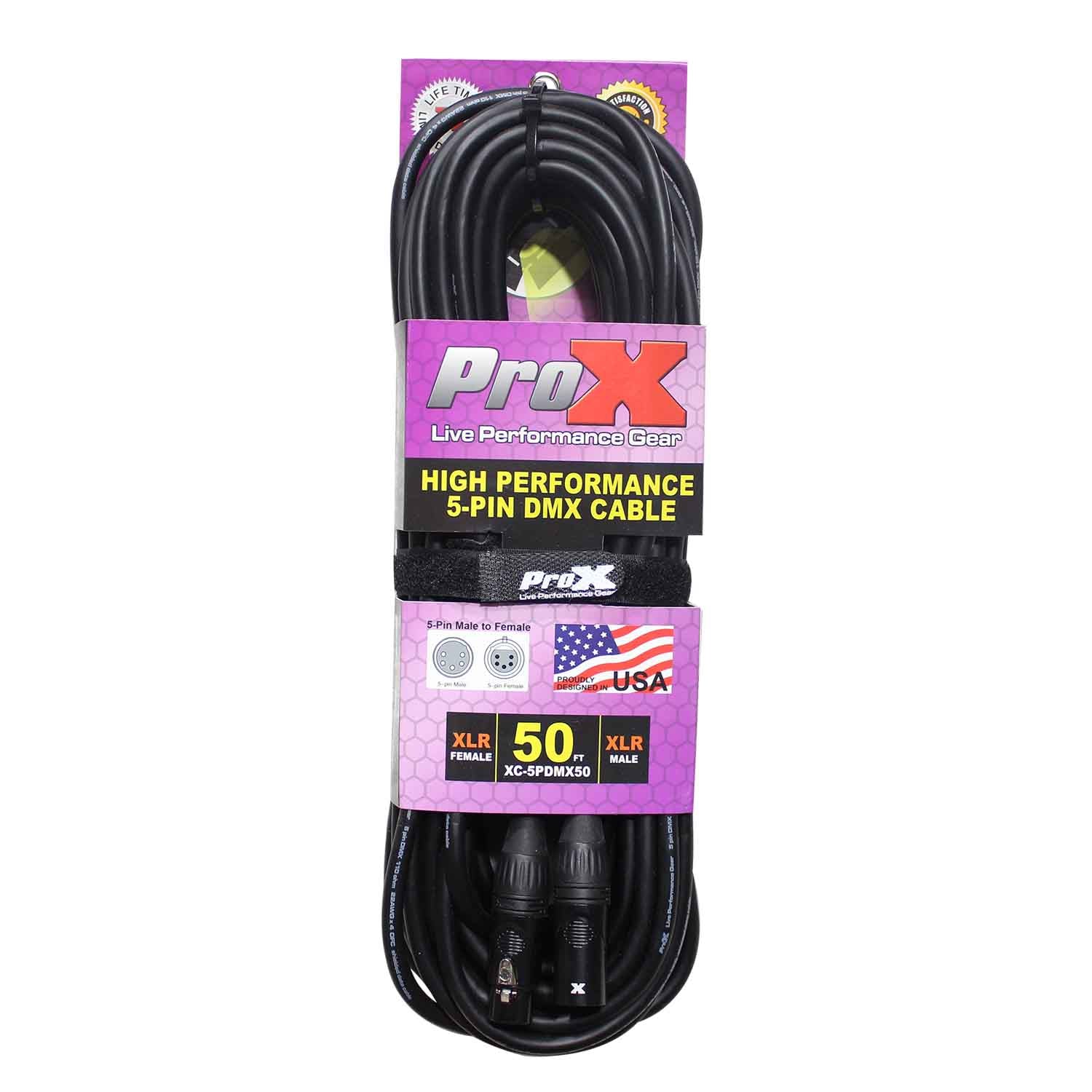 ProX XC-5PDMX50, DMX XLR5-M to XLR5-F High Performance Cable - 50 Feet - Hollywood DJ