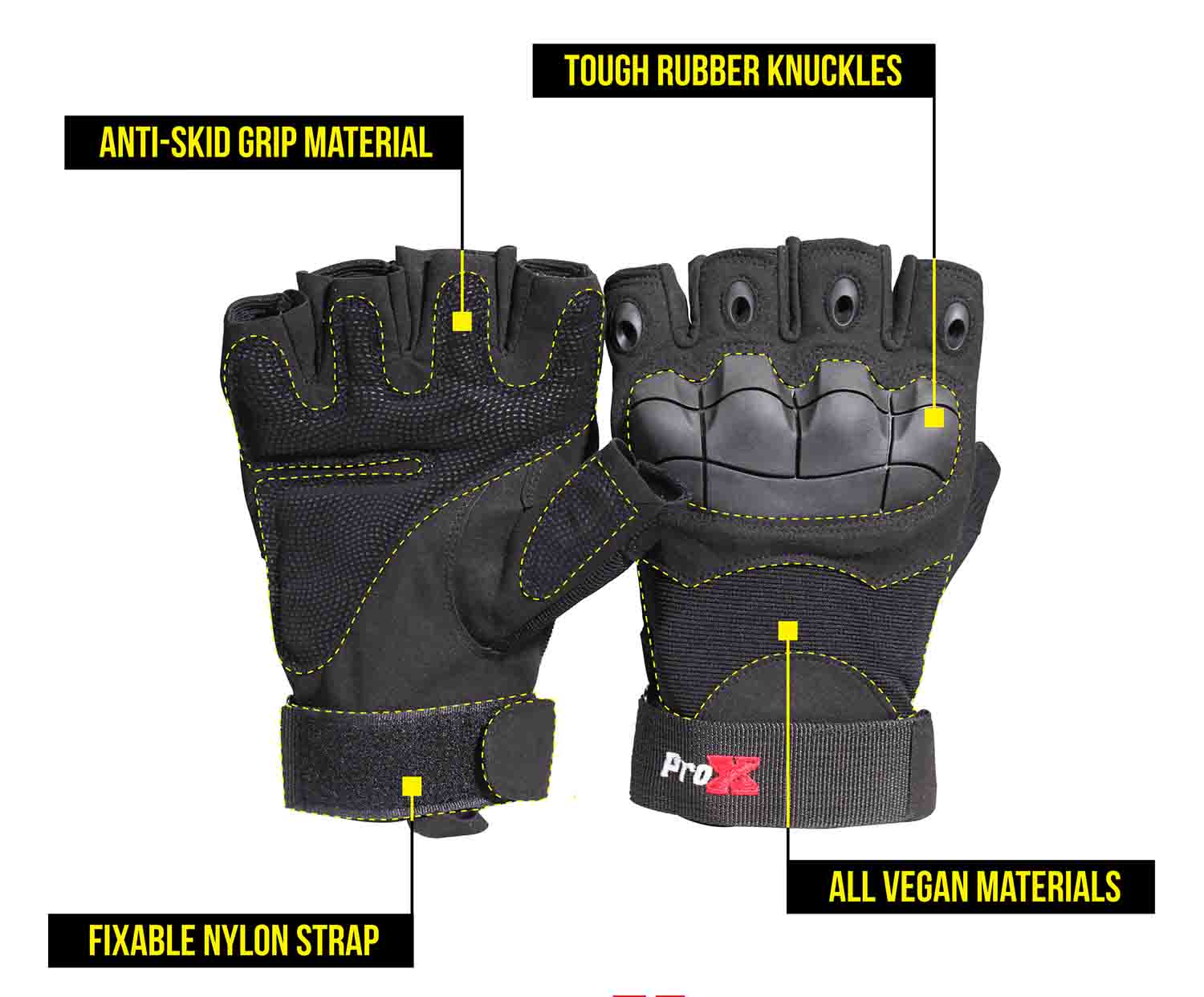 ProX X-GRIPZ Hard Rubber Knuckle Fingerless Gloves for Truss and Stage Performance - Hollywood DJ