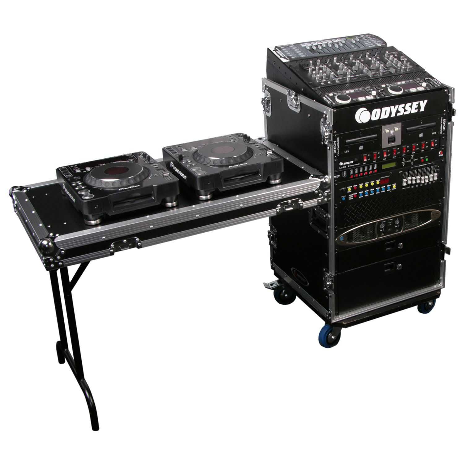 Open Box: Odyssey FZ1116WDLX 11U Top Slanted 16U Vertical Pro Combo Rack with Side Table and Casters - Hollywood DJ