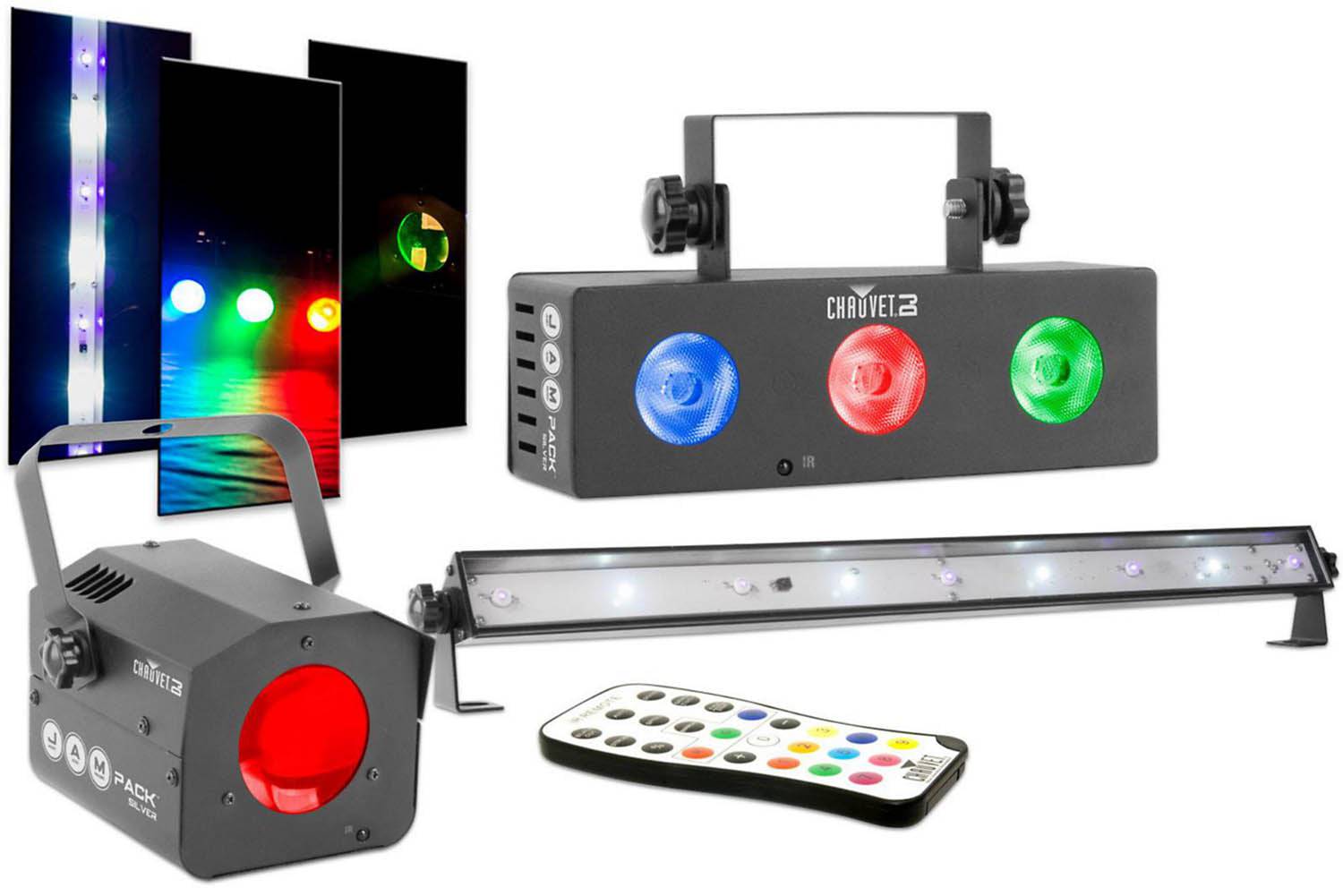 Chauvet Dj JAM Pack Silver With Moonflower, Three-Color Wash Effect Light, And A UV Strobe Combo Light - Hollywood DJ