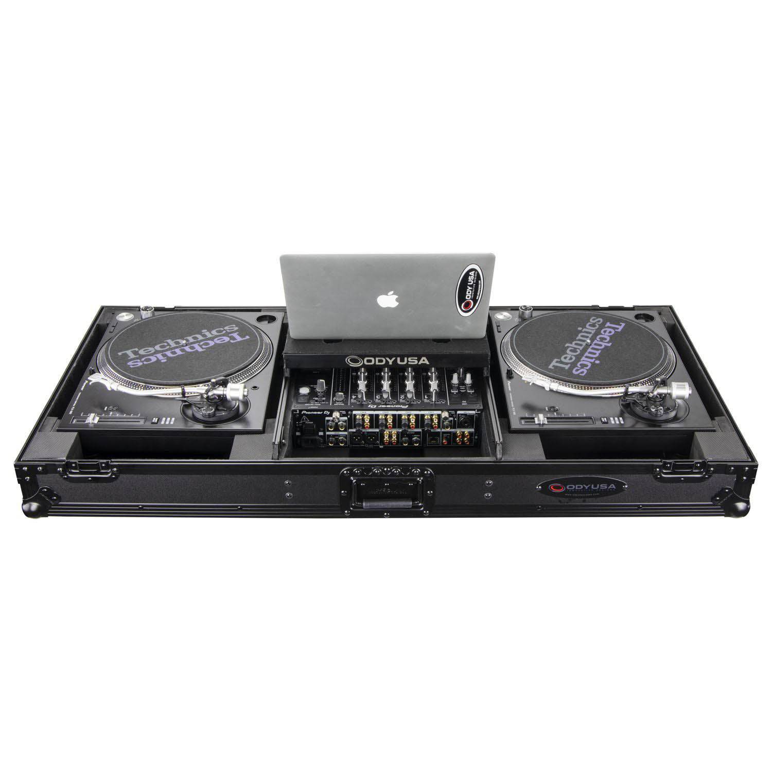 Odyssey FZGSLBM12WRBL Black Low Profile 12″ Format DJ Mixer and Two Battle Position Turntables Flight Coffin Case with Wheels and Glide Platform - Hollywood DJ