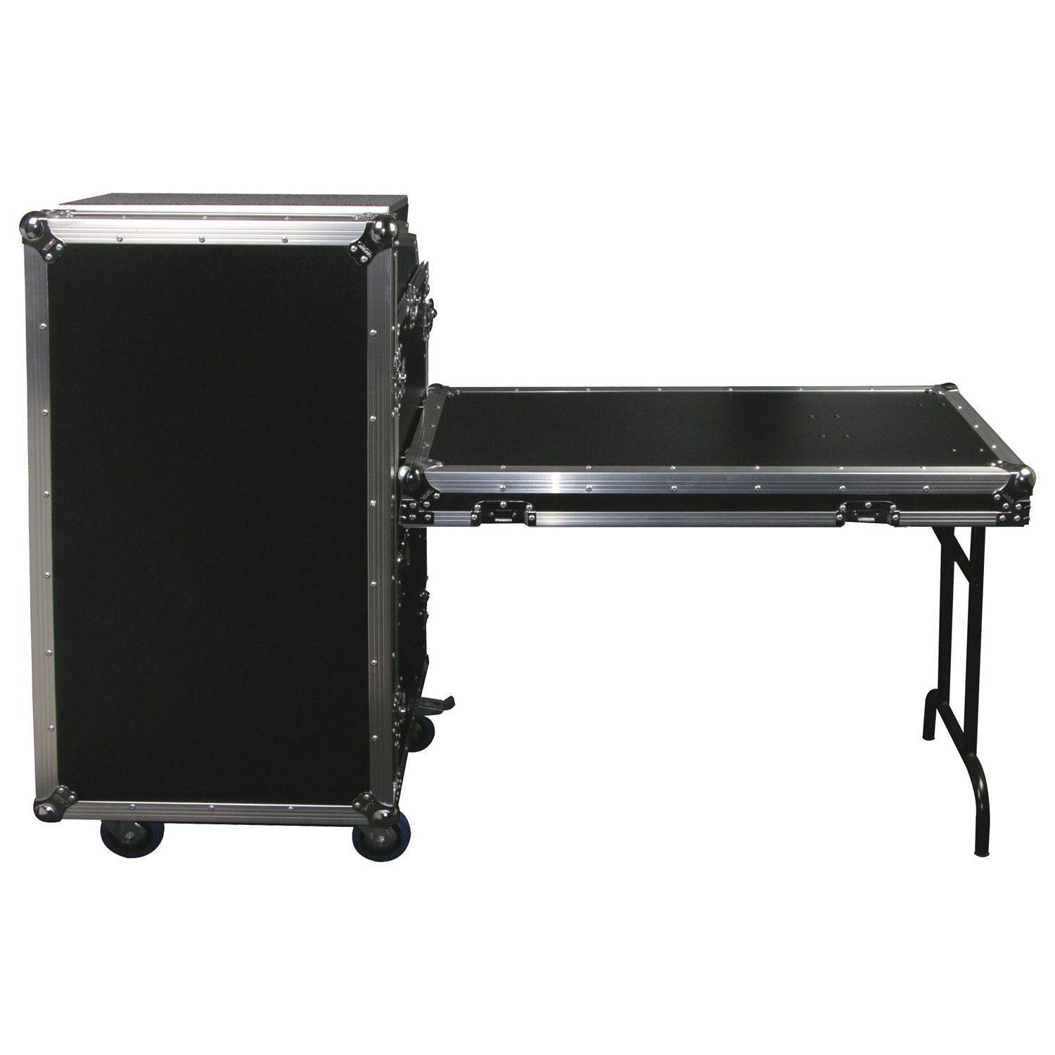 Odyssey FZGS1116WDLX Deluxe 11U Top Slanted 16U Bottom Vertical Pro Combo Rack with Casters, Side Table, and Glide Platform - Hollywood DJ