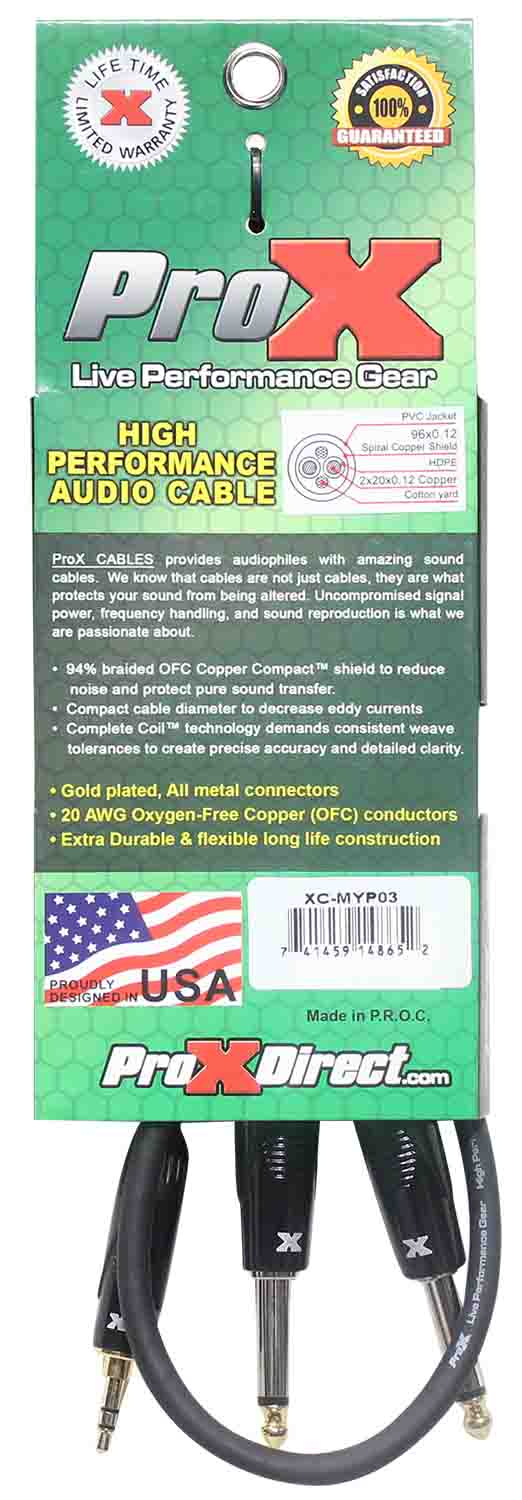 Prox XC-MYP03 Unbalanced 3.5mm Mini-TRS to Dual TS-M High Performance Audio Y Cable - 3 Feet - Hollywood DJ