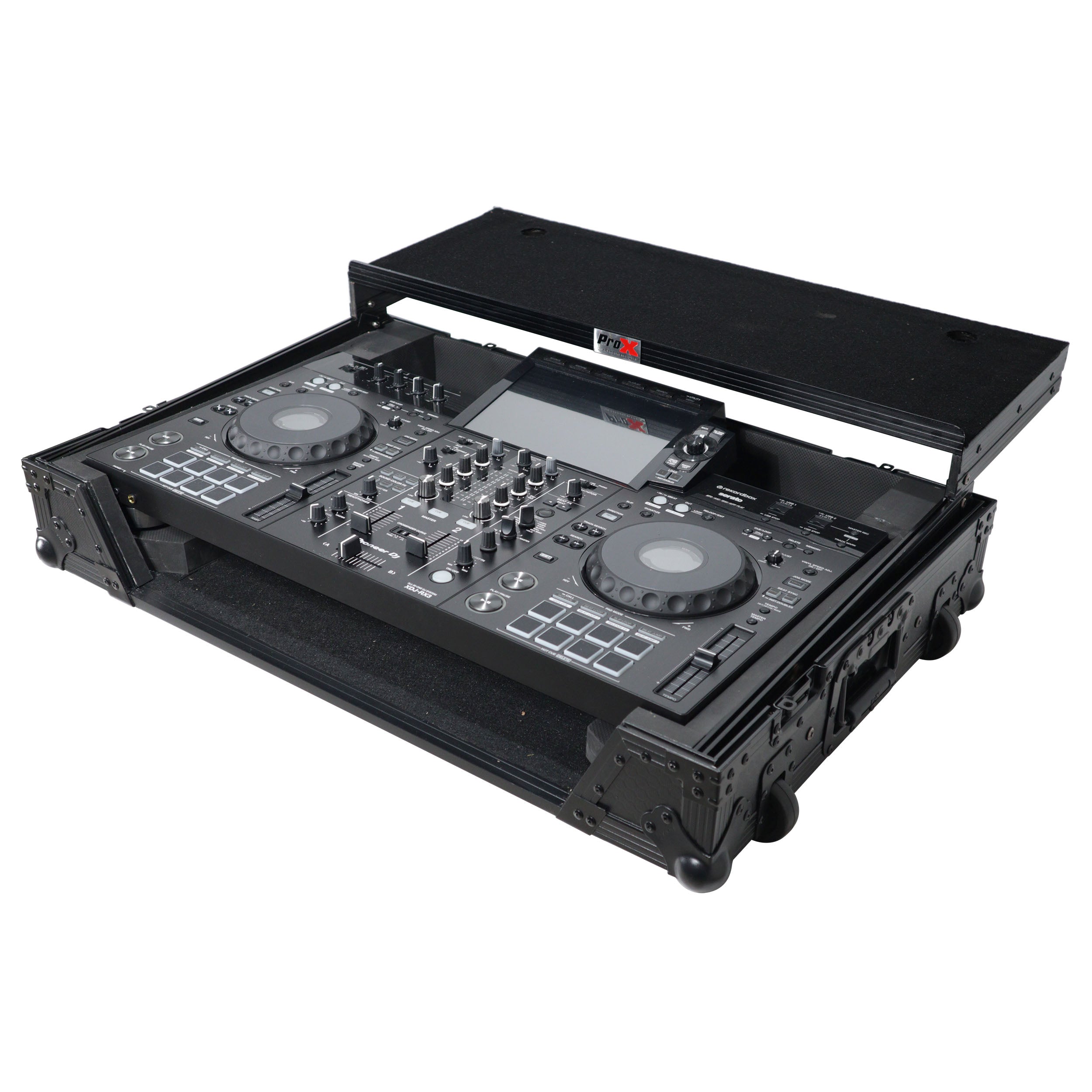 ProX XS-XDJRX3WLTBL Flight Case for Pioneer XDJ-RX3, DDJ-REV5 DJ Controller with Laptop Shelf 1U Rack Space and Wheels Black Finish - Hollywood DJ