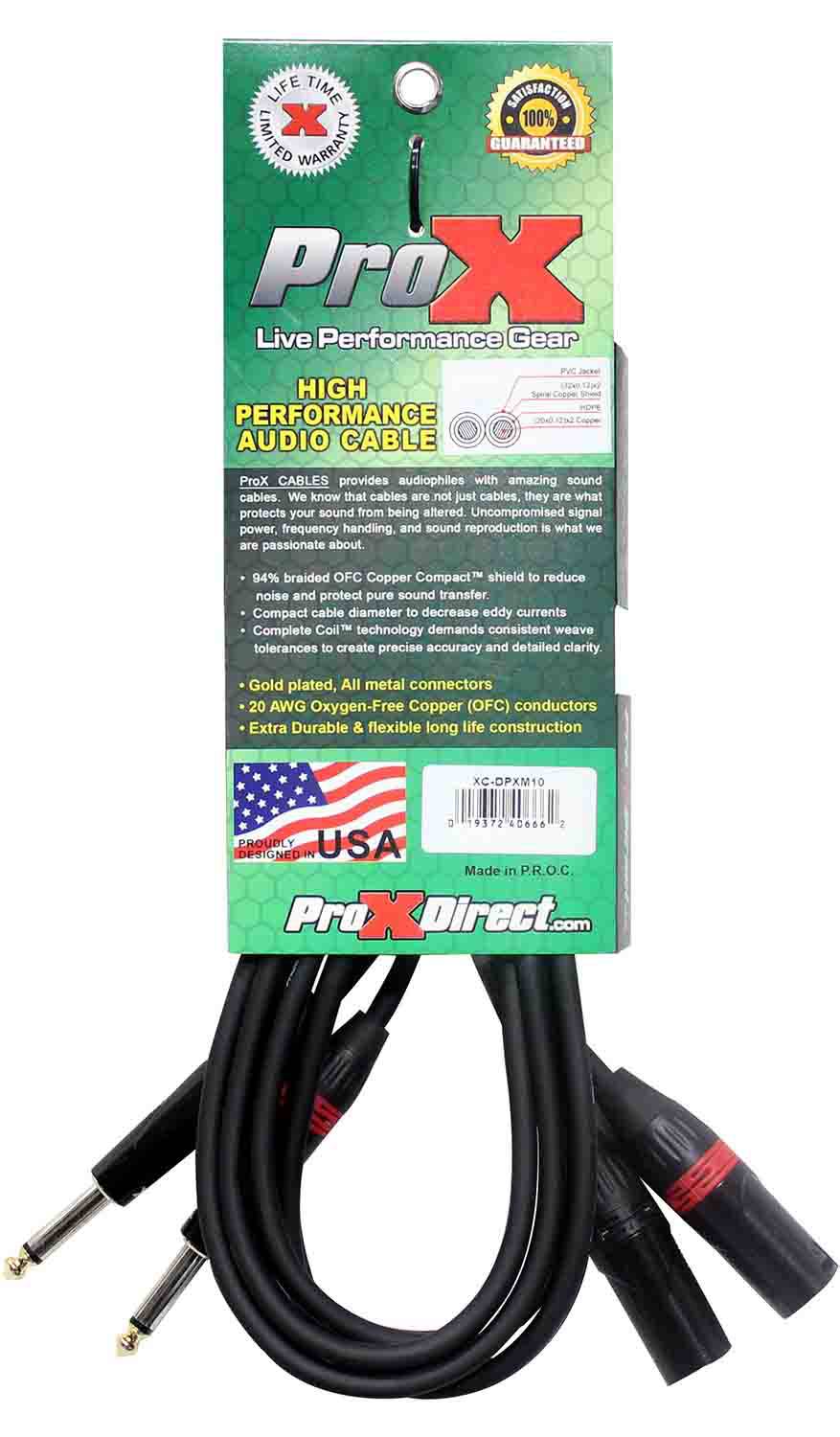 Prox XC-DPXM10 Unbalanced Dual 1/4" TS-M to Dual XLR-M High Performance Audio Cable - 10 Feet - Hollywood DJ