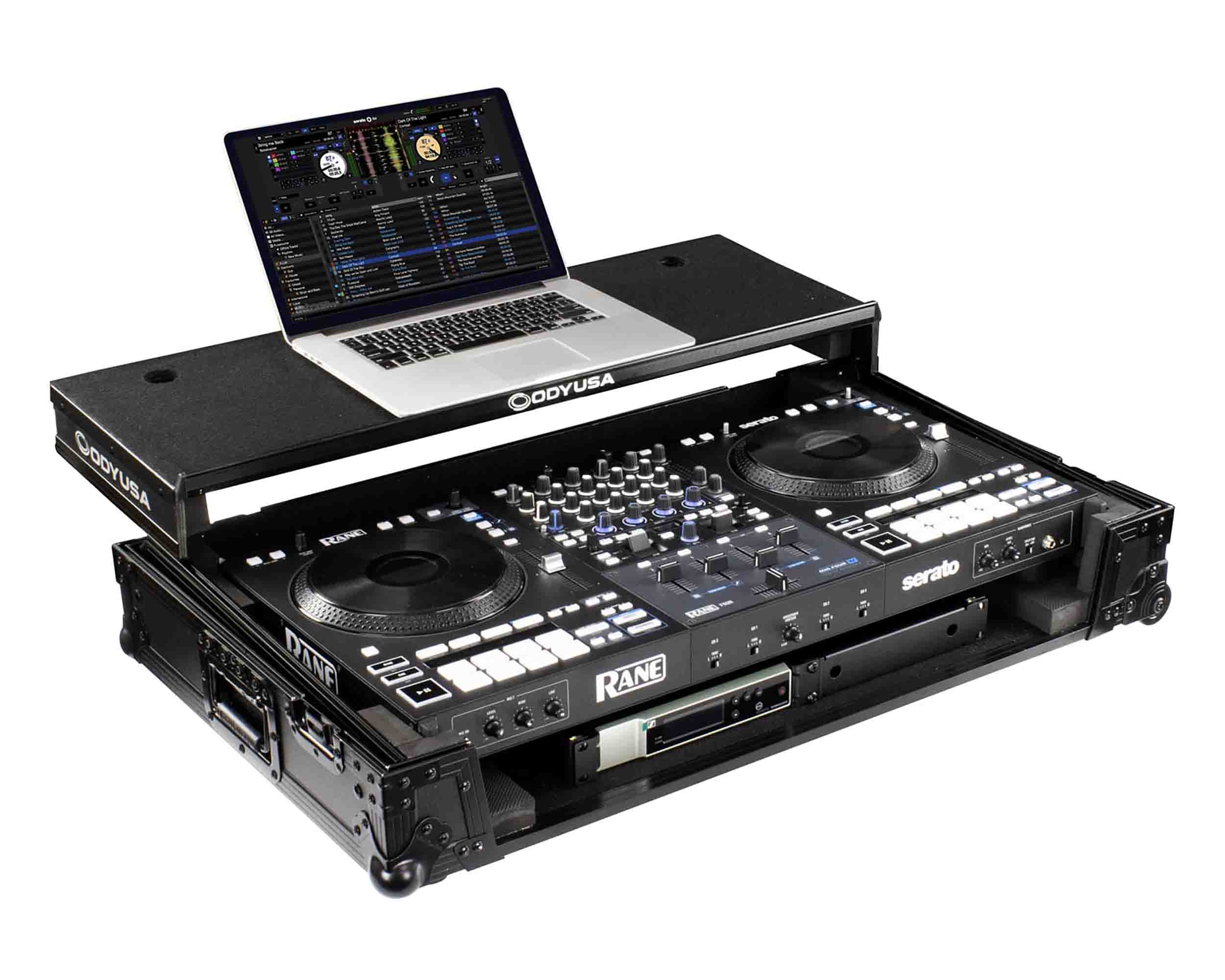 Odyssey FZGSRANE4W1BL 1U Flight Case with Glide Style Laptop Platform and Wheels for Rane Four Controller - Black Label - Hollywood DJ