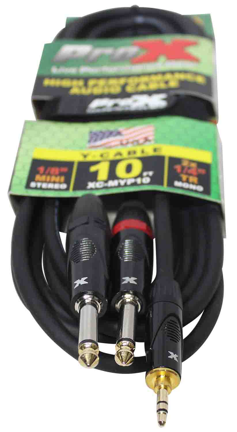 Prox XC-MYP10 Unbalanced 3.5mm Mini-TRS to Dual TS-M High Performance Audio Y Cable - 10 Feet - Hollywood DJ