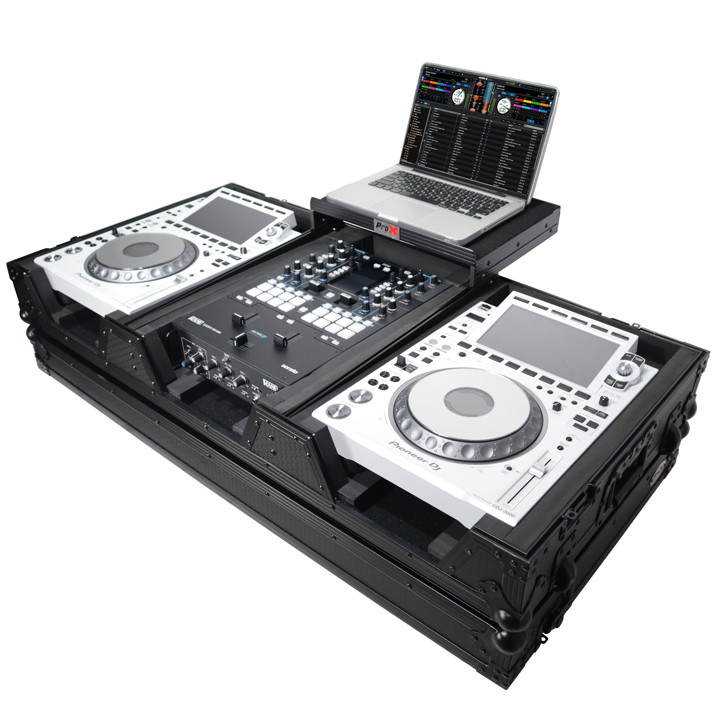 ProX XS-CDM3000WLTBL, DJ Coffin Case for Pioneer 2X CDJ-3000 CD and DJM-900NXS2 Mixer W/Wheels & Laptop Shelf - Black on Black ProX Cases