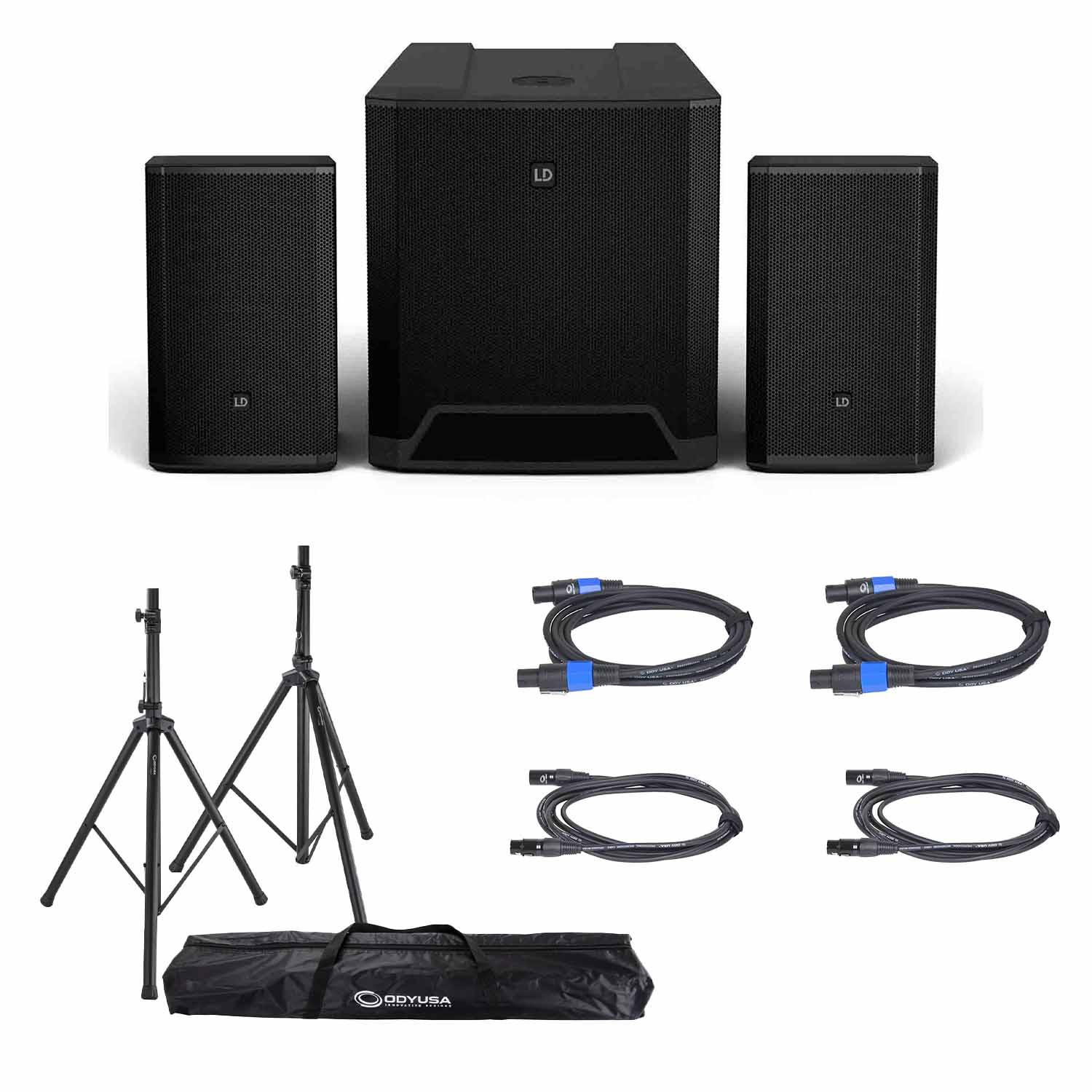 LD Systems DAVE 18 G4X, Powered PA System DJ Package with Odyssey Stands and Cables - Hollywood DJ