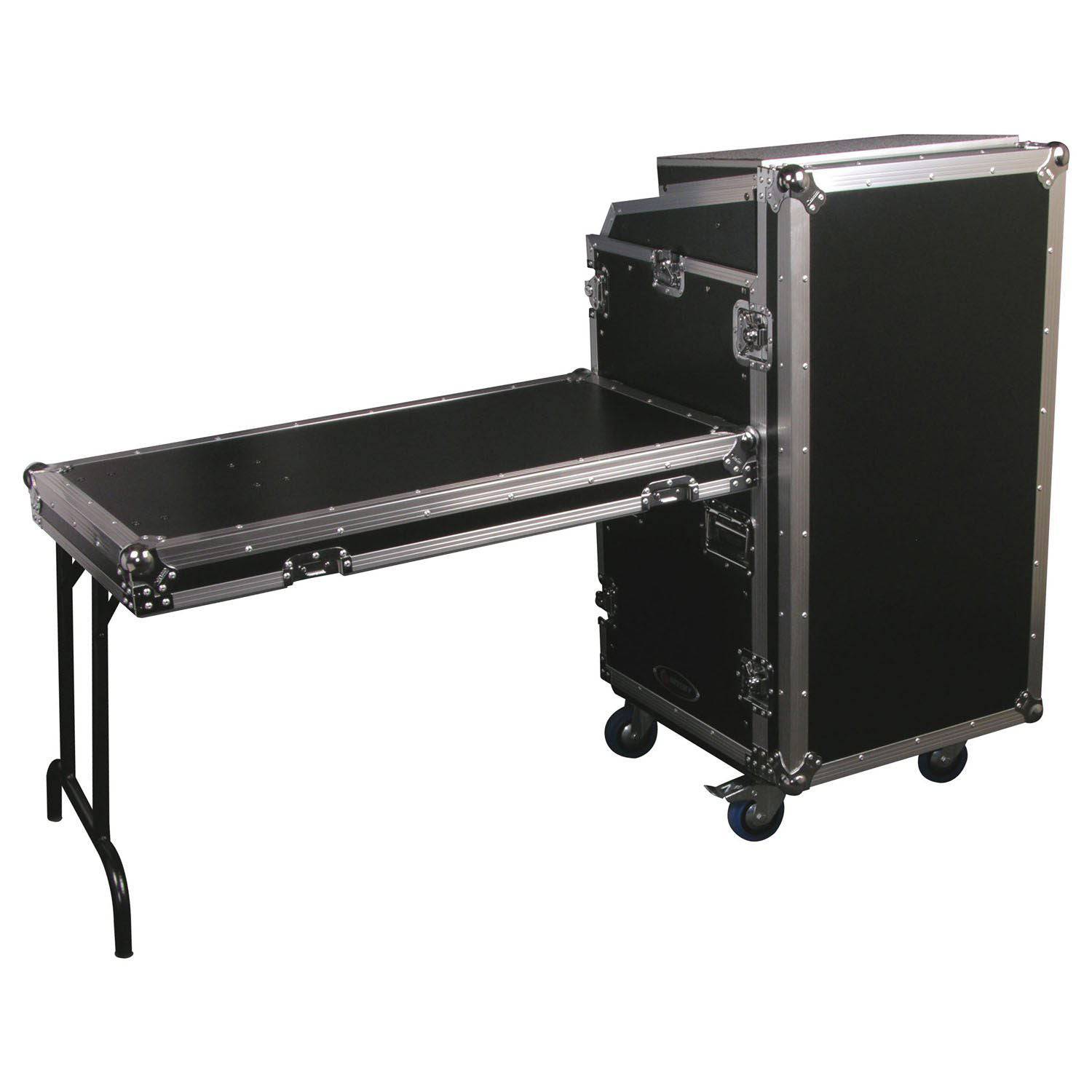 Odyssey FZGS1116WDLX Deluxe 11U Top Slanted 16U Bottom Vertical Pro Combo Rack with Casters, Side Table, and Glide Platform - Hollywood DJ