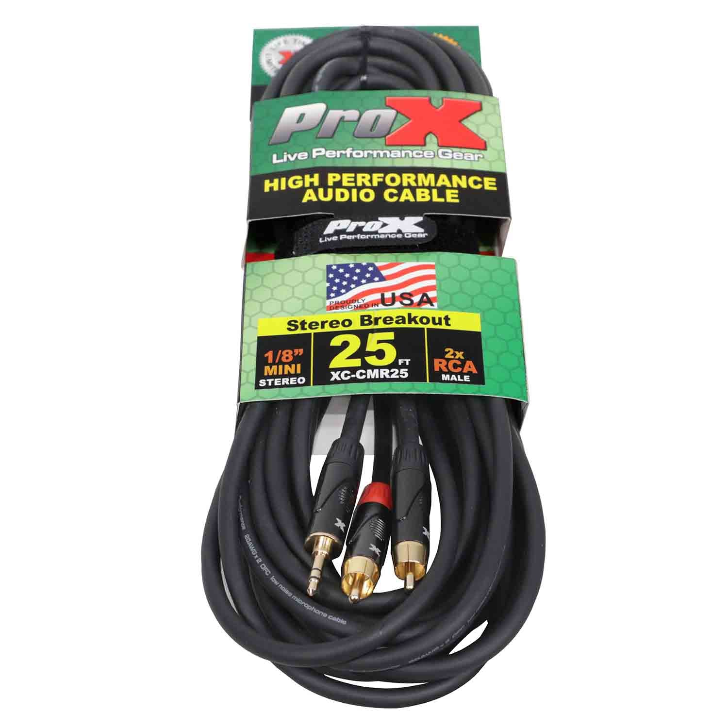 ProX XC-CMR25 Unbalanced 1/8" (3.5mm) Mini TRS-M to Dual RCA-M High Performance Audio Cable - 25 Feet - Hollywood DJ