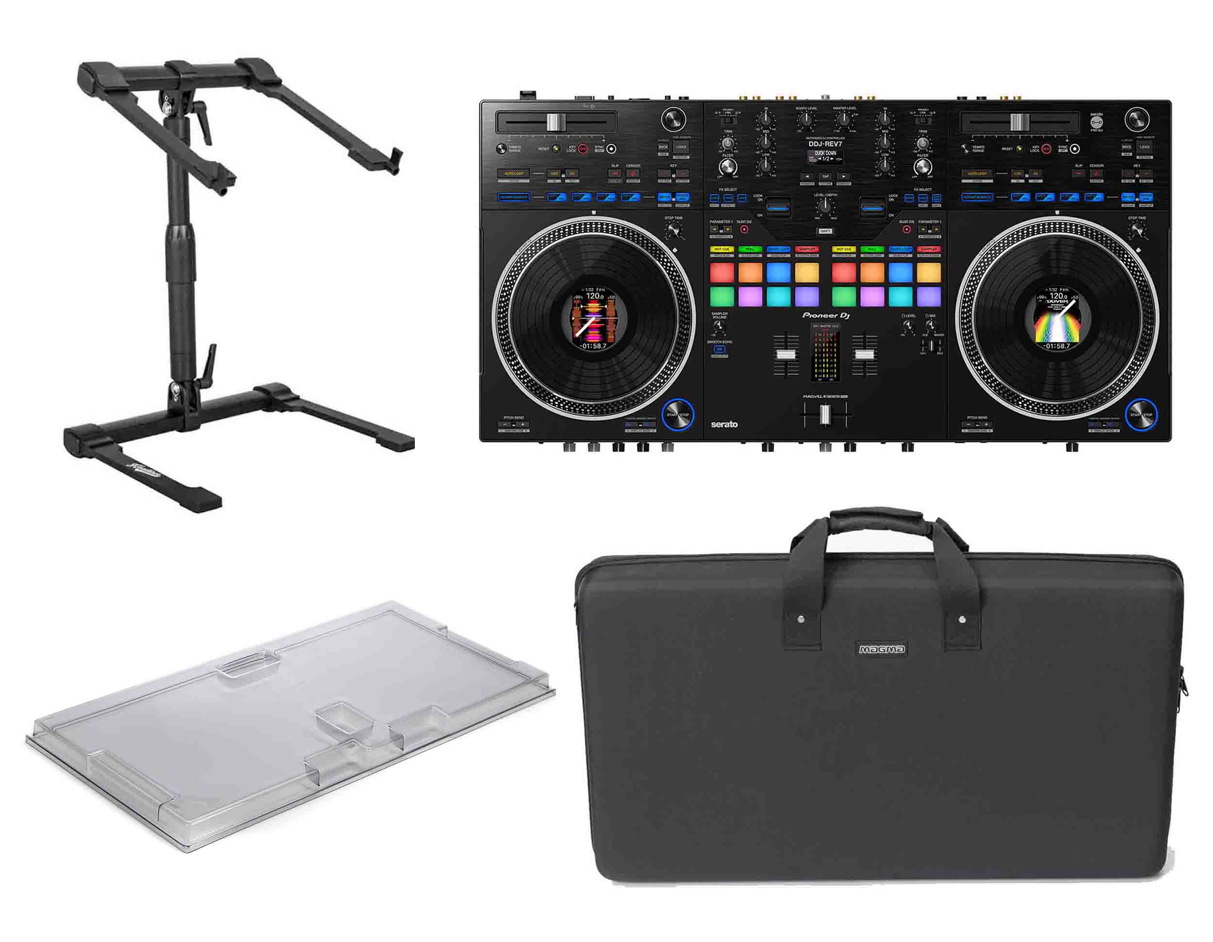 Pioneer DDJ-REV7, 2-Channel DJ Controller Package with Decksaver Cover, Magma CTRL Case and Headliner Laptop Stand - Hollywood DJ