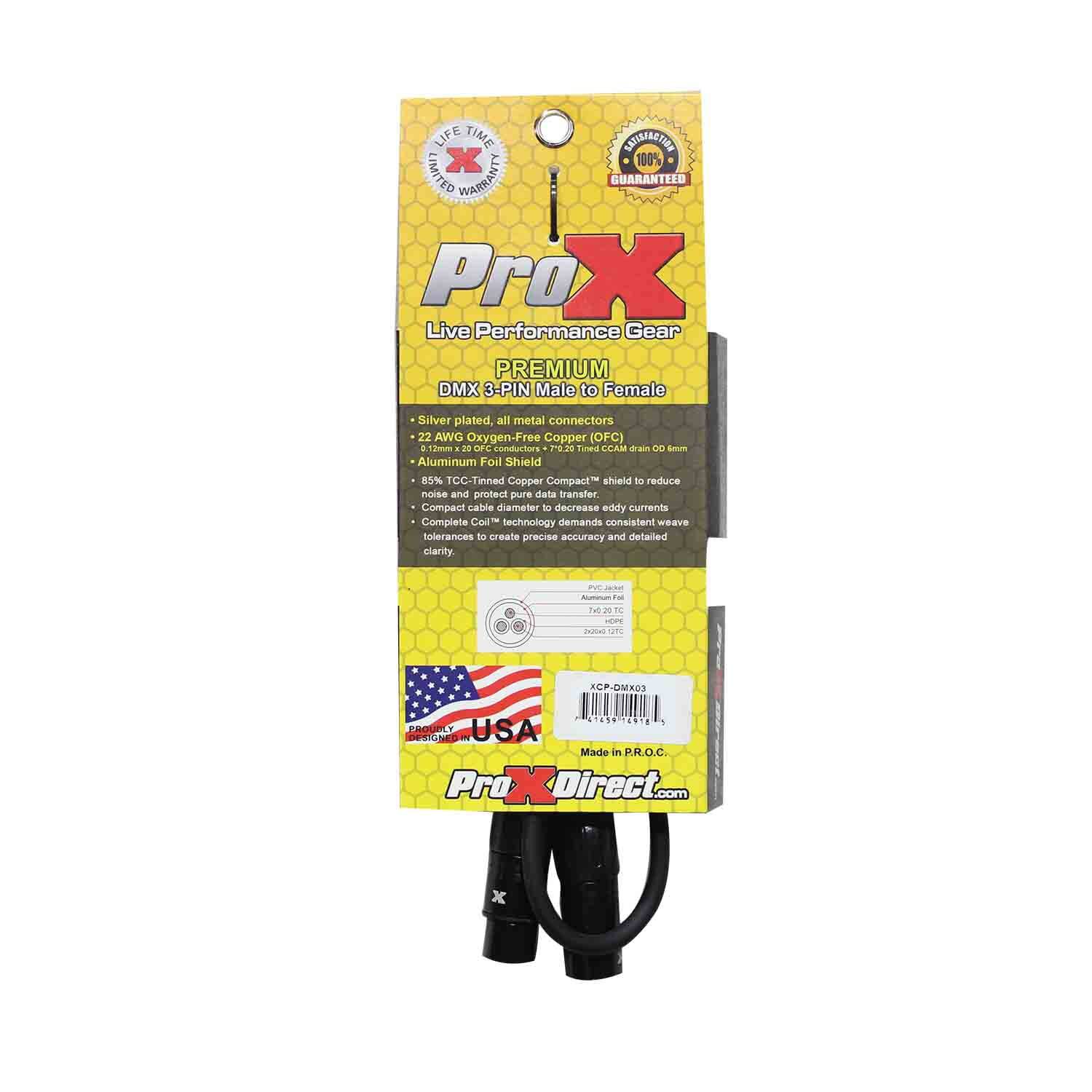 ProX XCP-DMX03, DMX XLR3-M to XLR3-F Premium Cable - 3 Feet - Hollywood DJ