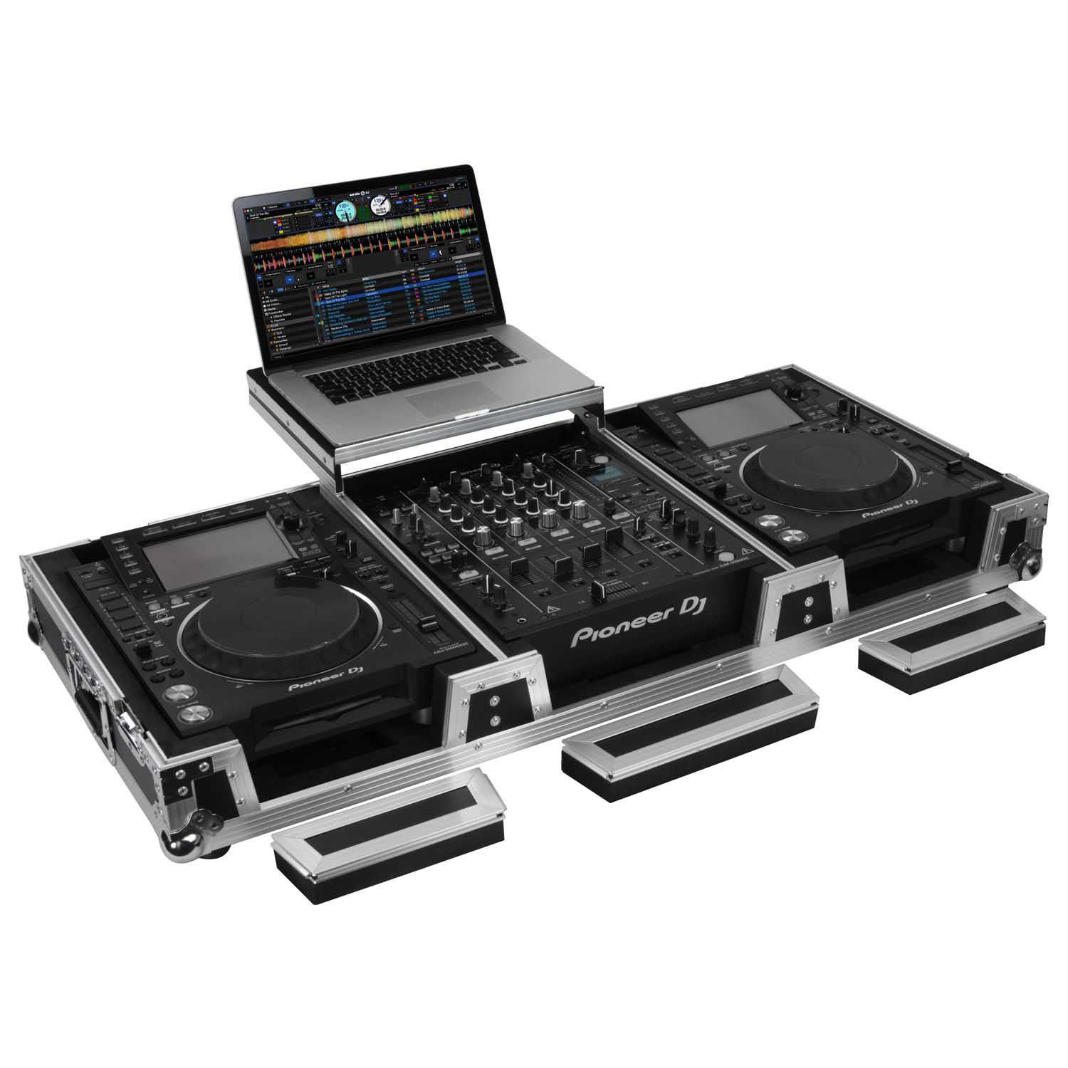 Odyssey FZGSL12CDJWR Black Low Profile 12″ Format DJ Mixer and Two Large Format Media Players Flight Coffin Case with Wheels and Glide Platform Odyssey