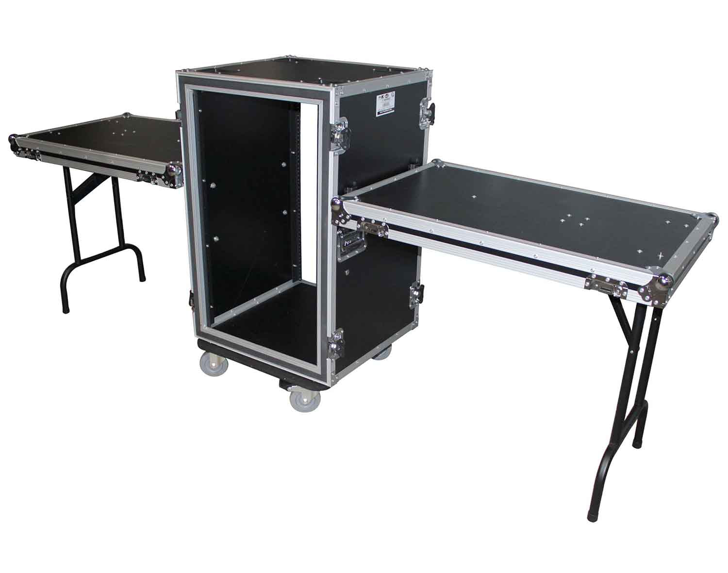 Prox T-14RSP24DST 14U Vertical Shockproof Amp/Rack Case with Dual Side Tables and 4 Casters - 24" Rail to Rail - Hollywood DJ