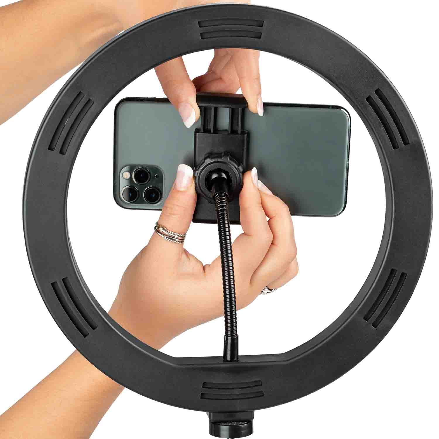 Gator Frameworks GFW-RINGLIGHTTRIPD 10 Inch LED Ring Light Stand with Phone Holder and Tripod Base - Hollywood DJ