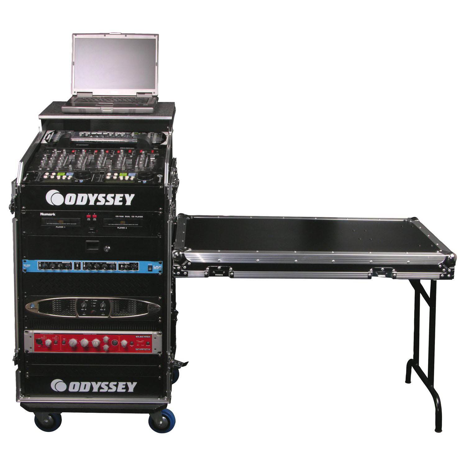 Odyssey FZGS1116WDLX Deluxe 11U Top Slanted 16U Bottom Vertical Pro Combo Rack with Casters, Side Table, and Glide Platform - Hollywood DJ
