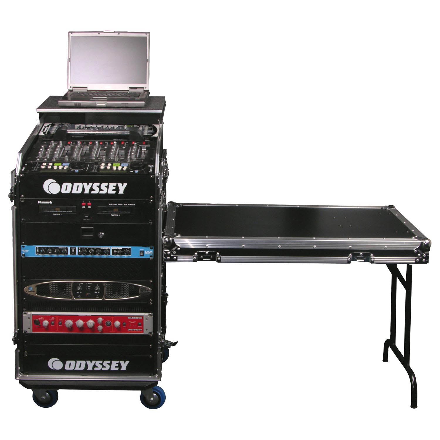 Open Box: Odyssey FZGS1116WDLX Deluxe 11U Top Slanted 16U Bottom Vertical Pro Combo Rack with Casters, Side Table, and Glide Platform - Hollywood DJ