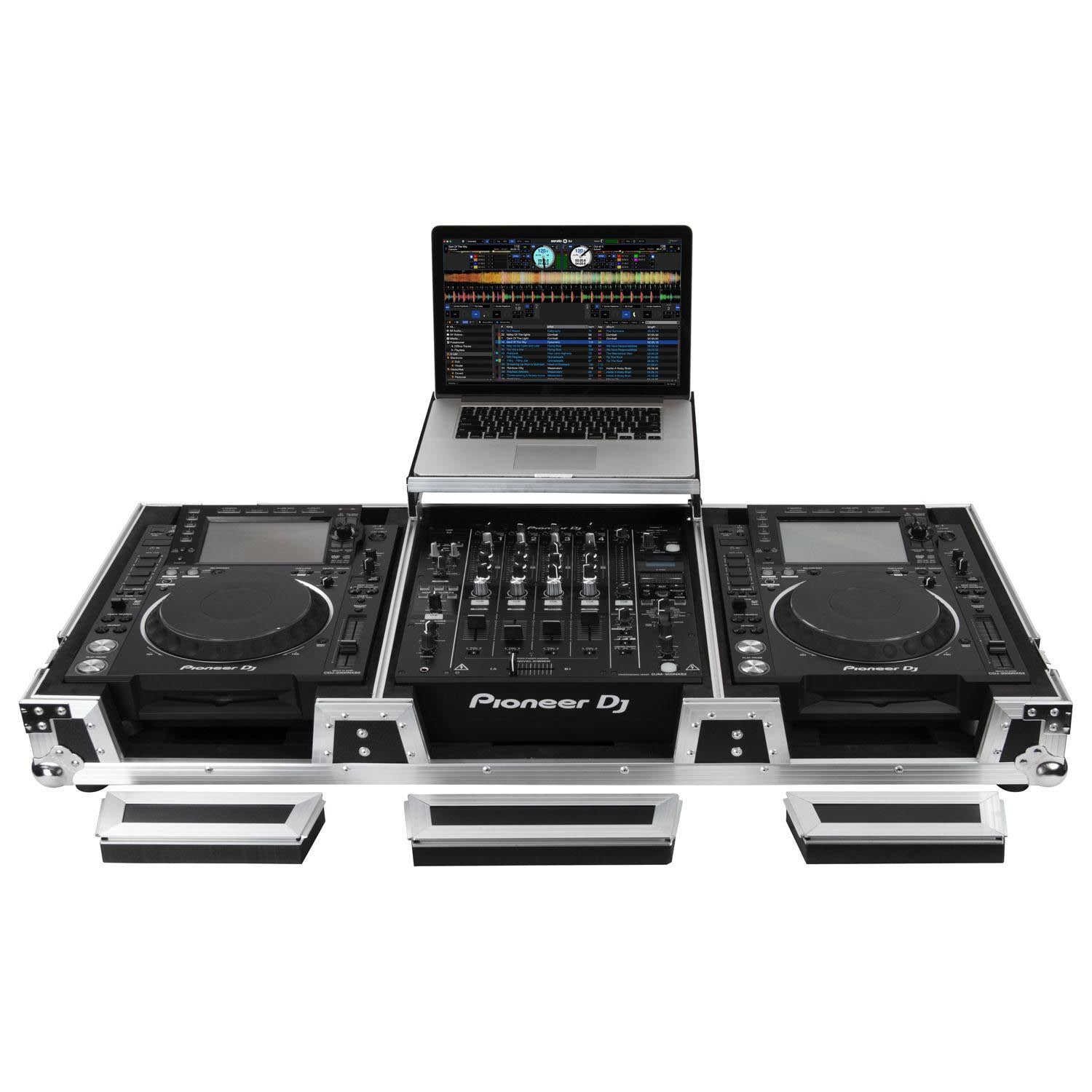 Odyssey FZGSL12CDJWR Black Low Profile 12″ Format DJ Mixer and Two Large Format Media Players Flight Coffin Case with Wheels and Glide Platform Odyssey