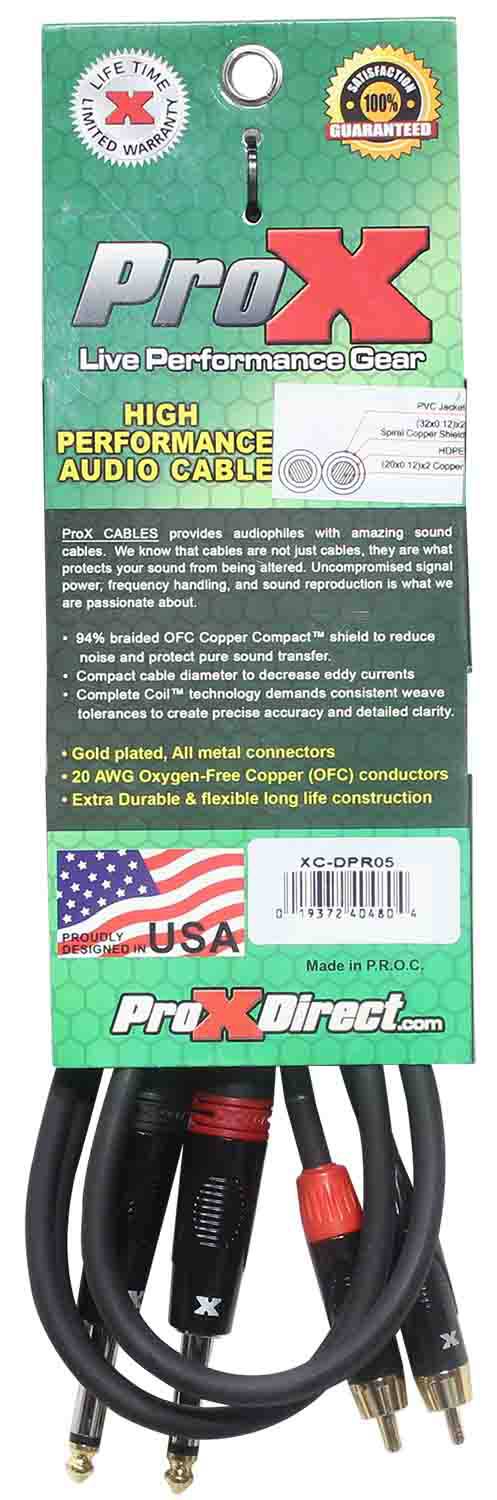Prox XC-DPR05 Unbalanced Dual 1/4" TS-M to Dual RCA-M High Performance Audio Cable - 5 Feet - Hollywood DJ