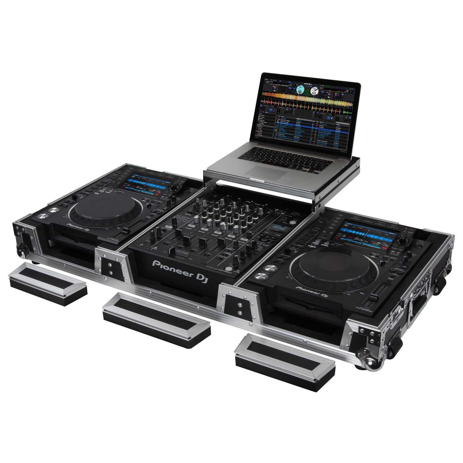 Odyssey FZGSL12CDJWR Black Low Profile 12″ Format DJ Mixer and Two Large Format Media Players Flight Coffin Case with Wheels and Glide Platform Odyssey