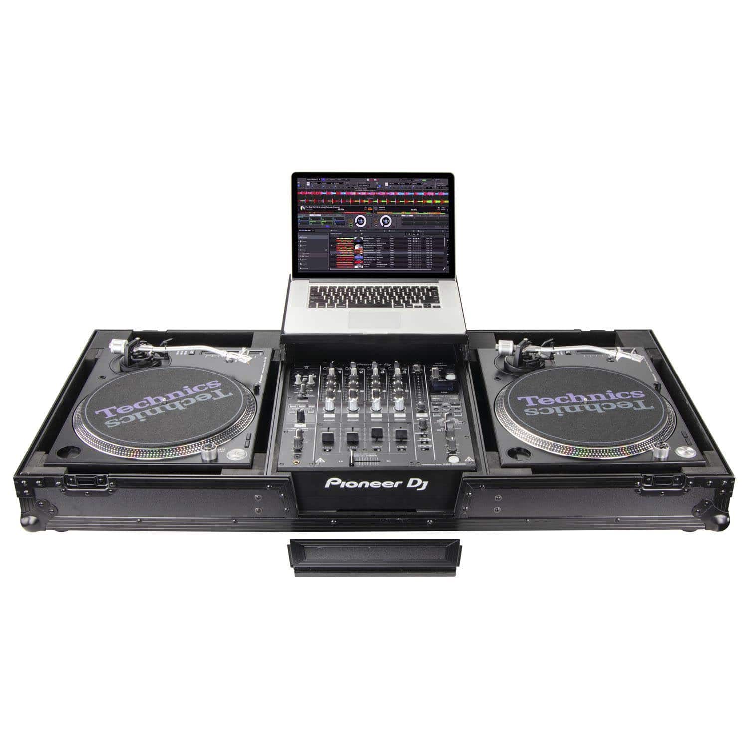 Odyssey FZGSLBM12WRBL Black Low Profile 12″ Format DJ Mixer and Two Battle Position Turntables Flight Coffin Case with Wheels and Glide Platform - Hollywood DJ