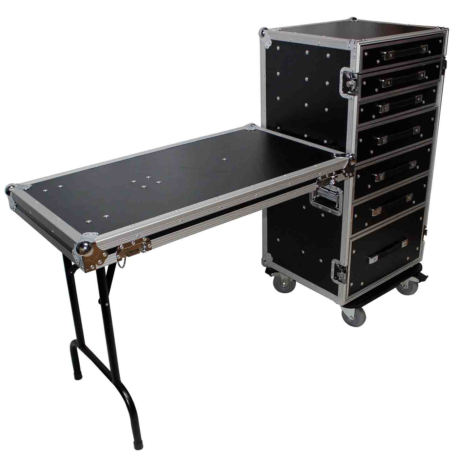 ProX XS-7DTW, 7 Drawer Workstation Case with Folding Lid Side Table on Wheels - Hollywood DJ